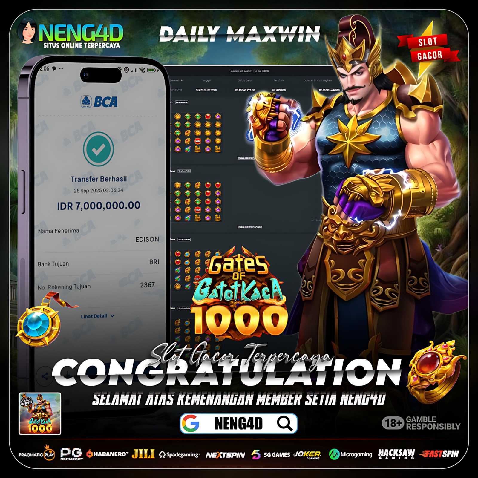 KEMENANGAN BESAR MEMBER SETIA NENG4D DI GATE OF GATOTKACA 1000