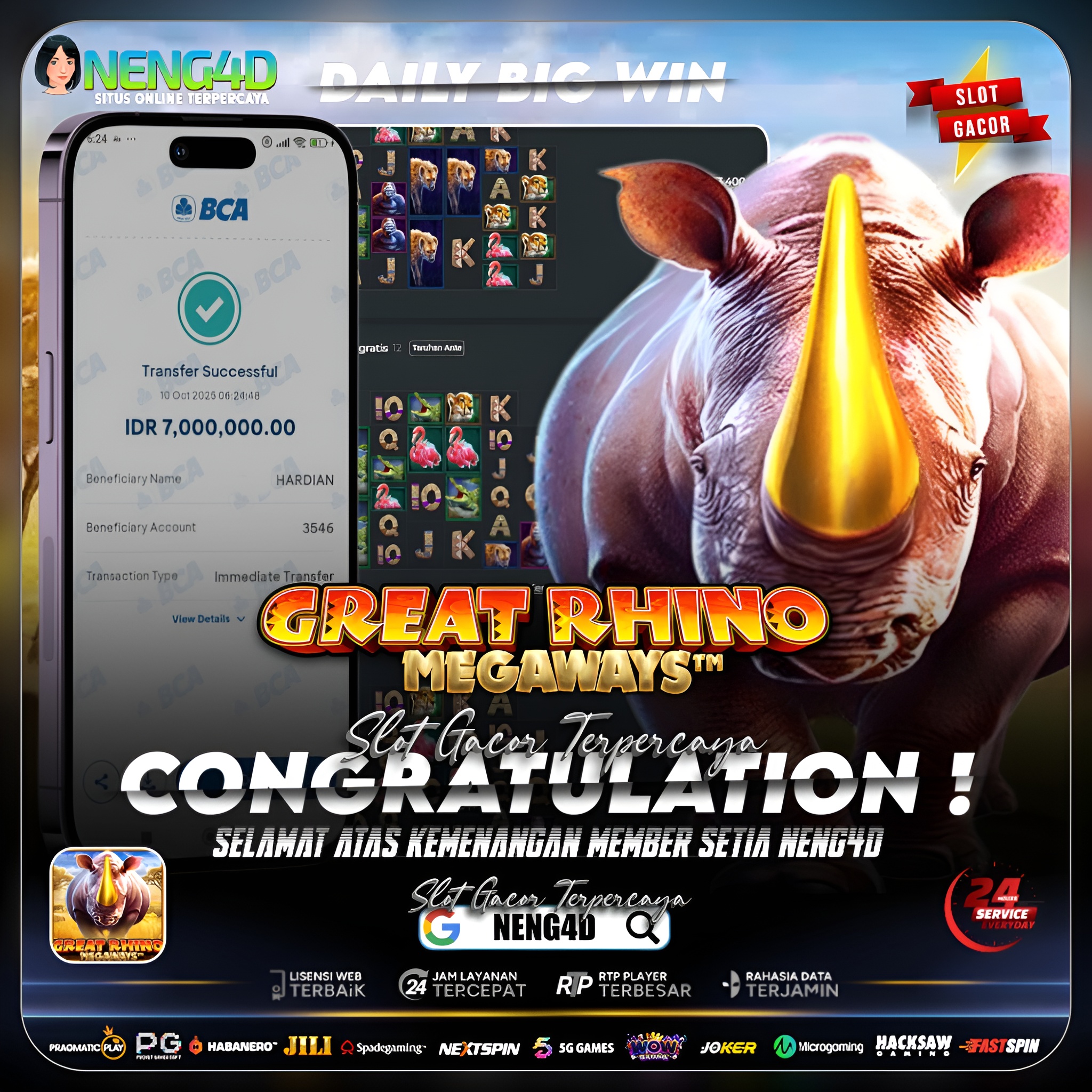 BADAK LIAR MENGGILA! MEMBER NENG4D HANTAM JACKPOT 7 JUTA DI GREAT RHINO MEGAWAYS!