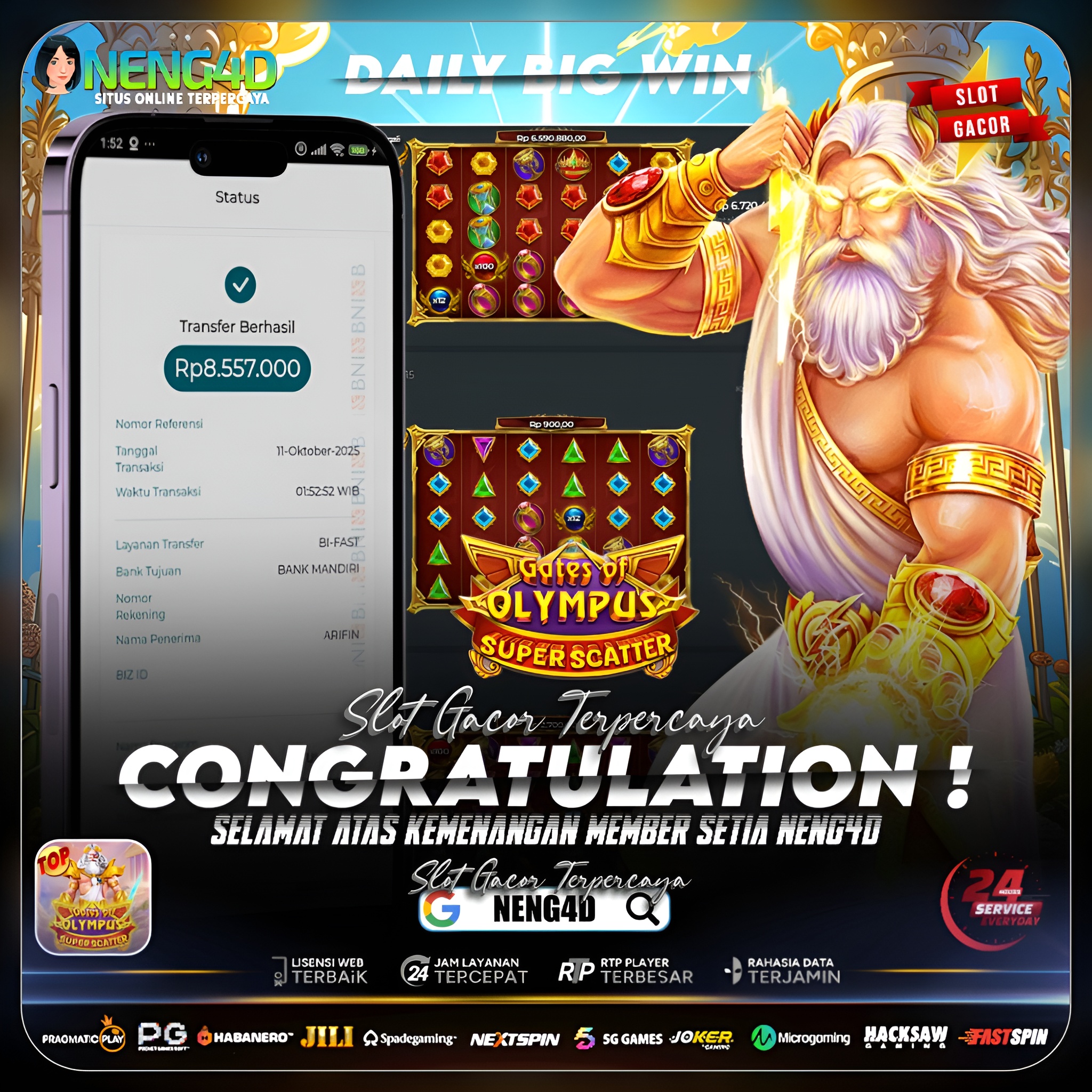 PETIR KEMENANGAN MENYAMBAR! MEMBER NENG4D RAIH 8,5 JUTA DI GATES OF OLYMPUS SUPER SCATTER!