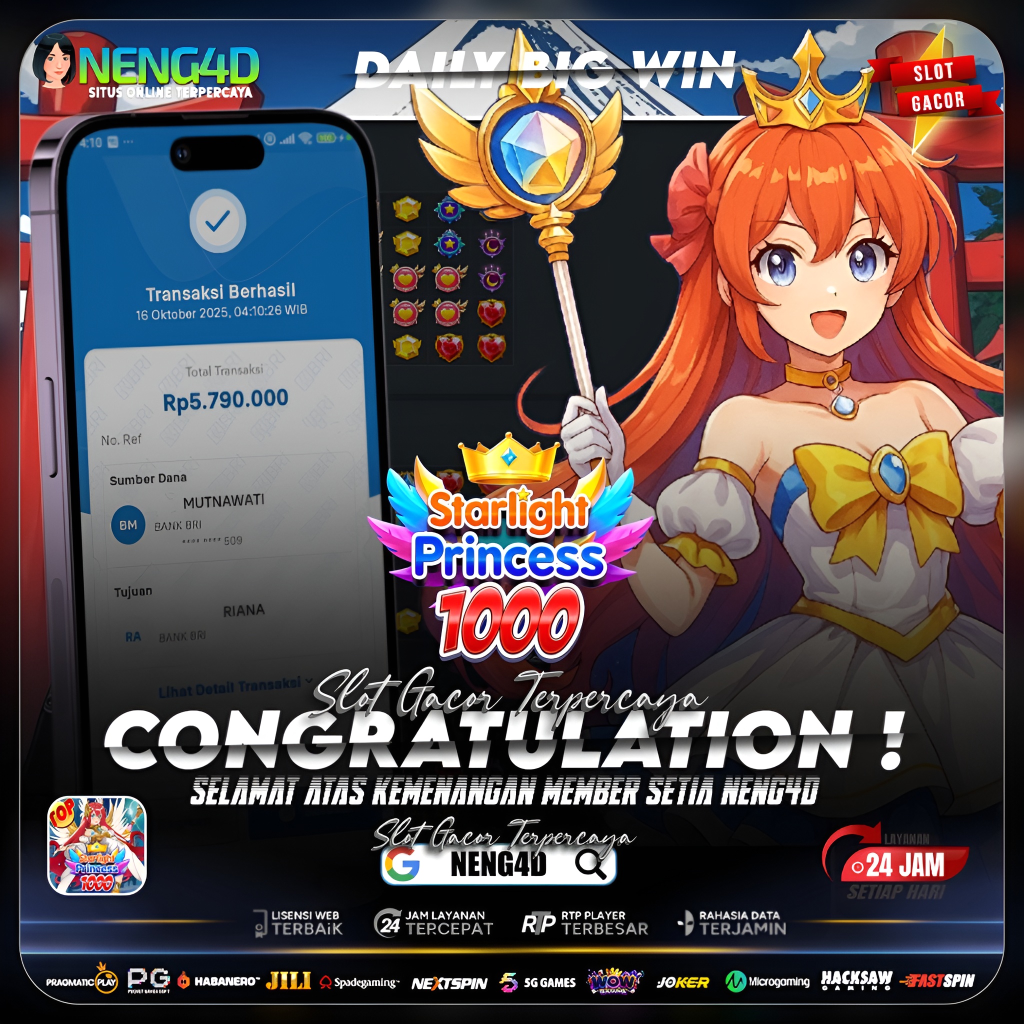 Kemenangan Hebat Member Setia NENG4D di Starlight Princess 1000 Raih 5,7 Juta