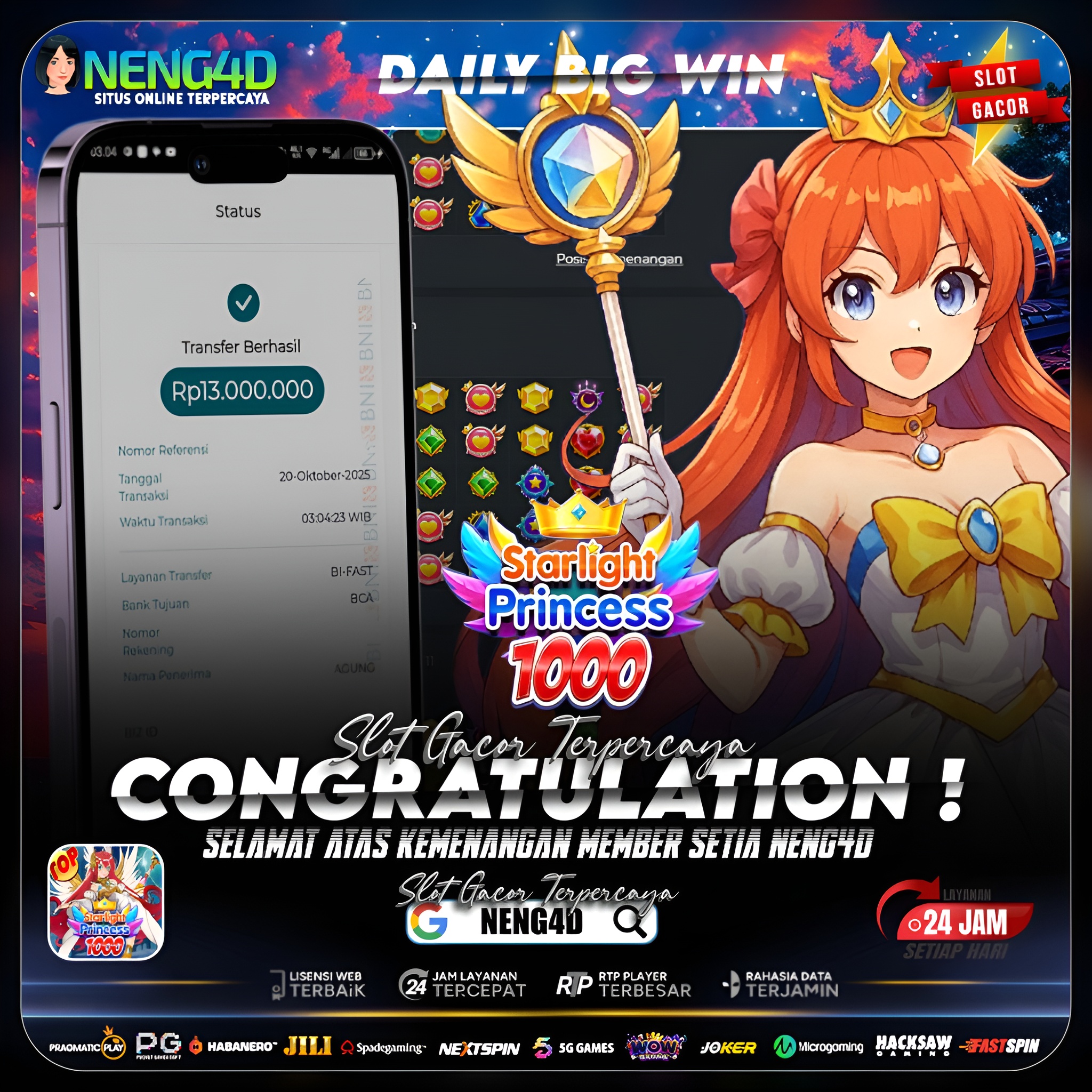 Kemenangan 13 Juta Member Setia NENG4D di Permainan Starlight Princess 1000 Pragmatic Play