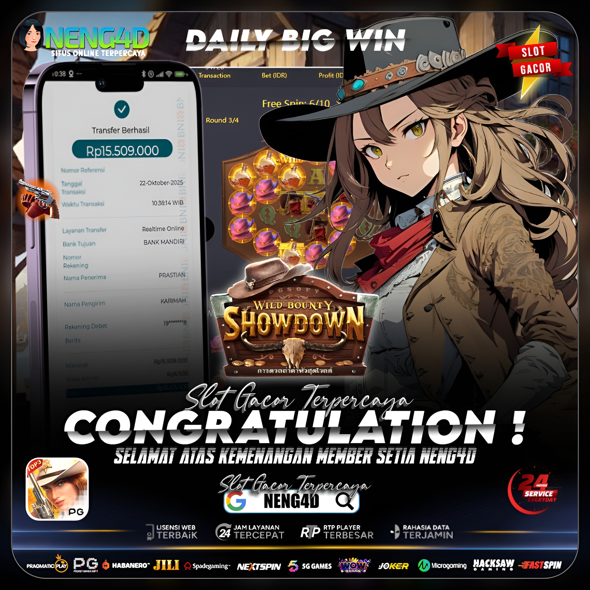 Kemenangan 15 Juta Member Setia NENG4D di Permainan Wild Bounty Showdown PG Soft