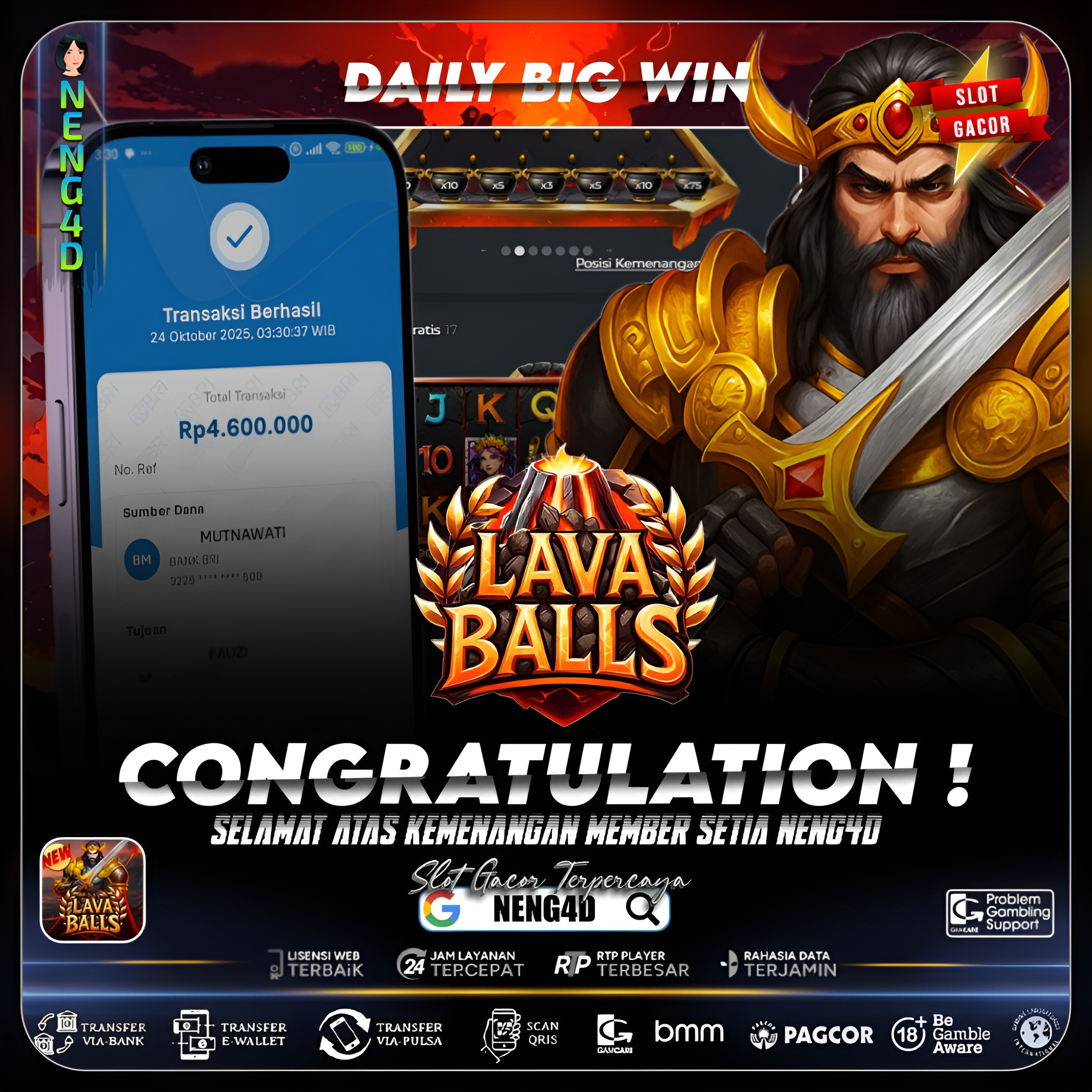 Kemenangan 4,6 Juta Member Setia NENG4D di Permainan Lava Balls Pragmatic Play