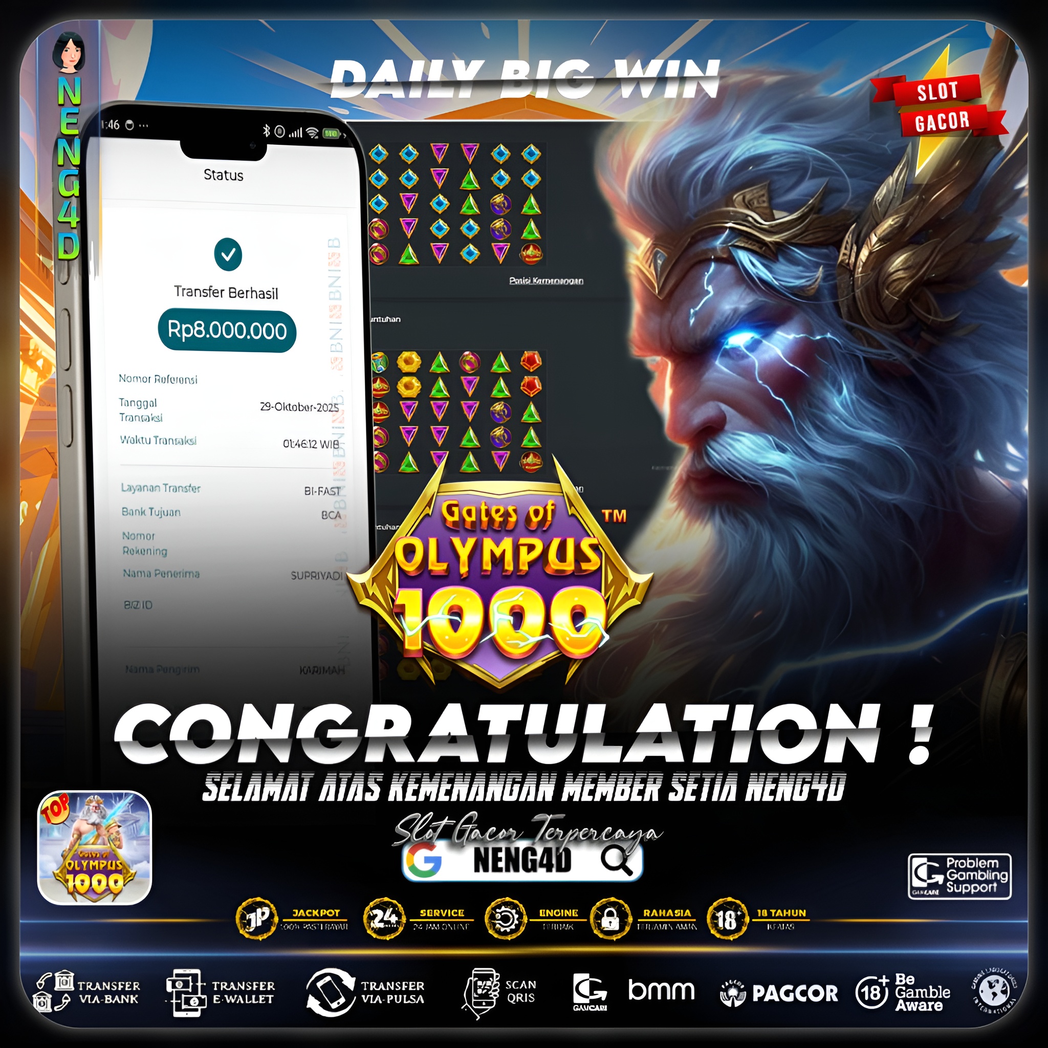 MEMBER SETIA NENG4D RAIH KEMENANGAN 8 JUTA DI GATES OF OLYMPUS 1000 PRAGMATIC PLAY