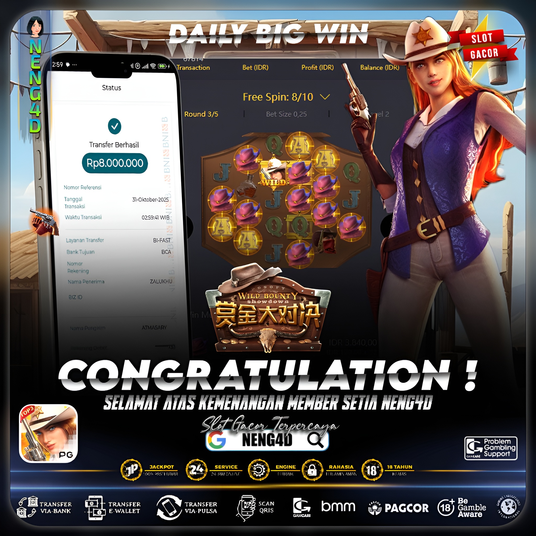 MEMBER SETIA NENG4D RAIH KEMENANGAN 8 JUTA DI WILD BOUNTY SHOWDOWN PG SOFT