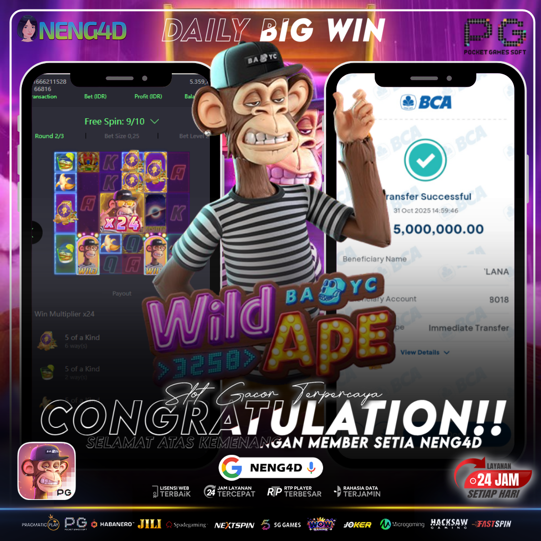 MEMBER SETIA NENG4D BERHASIL RAIH 5 JUTA DI WILD APE #3258 PG SOFT