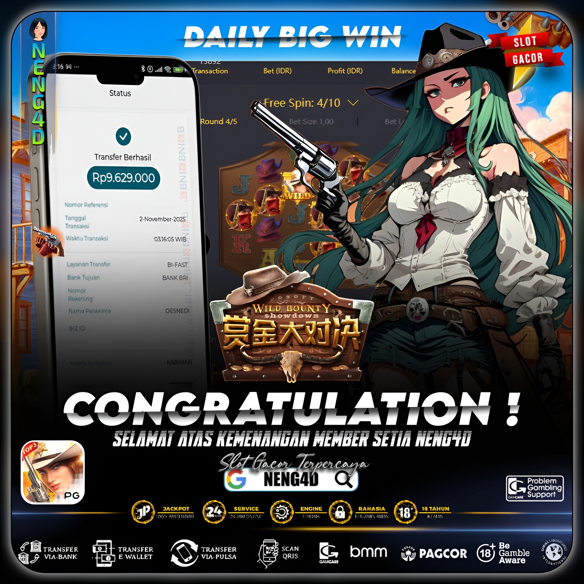 MEMBER SETIA NENG4D MENANG 9 JUTA DI WILD BOUNTY SHOWDOWN PG SOFT
