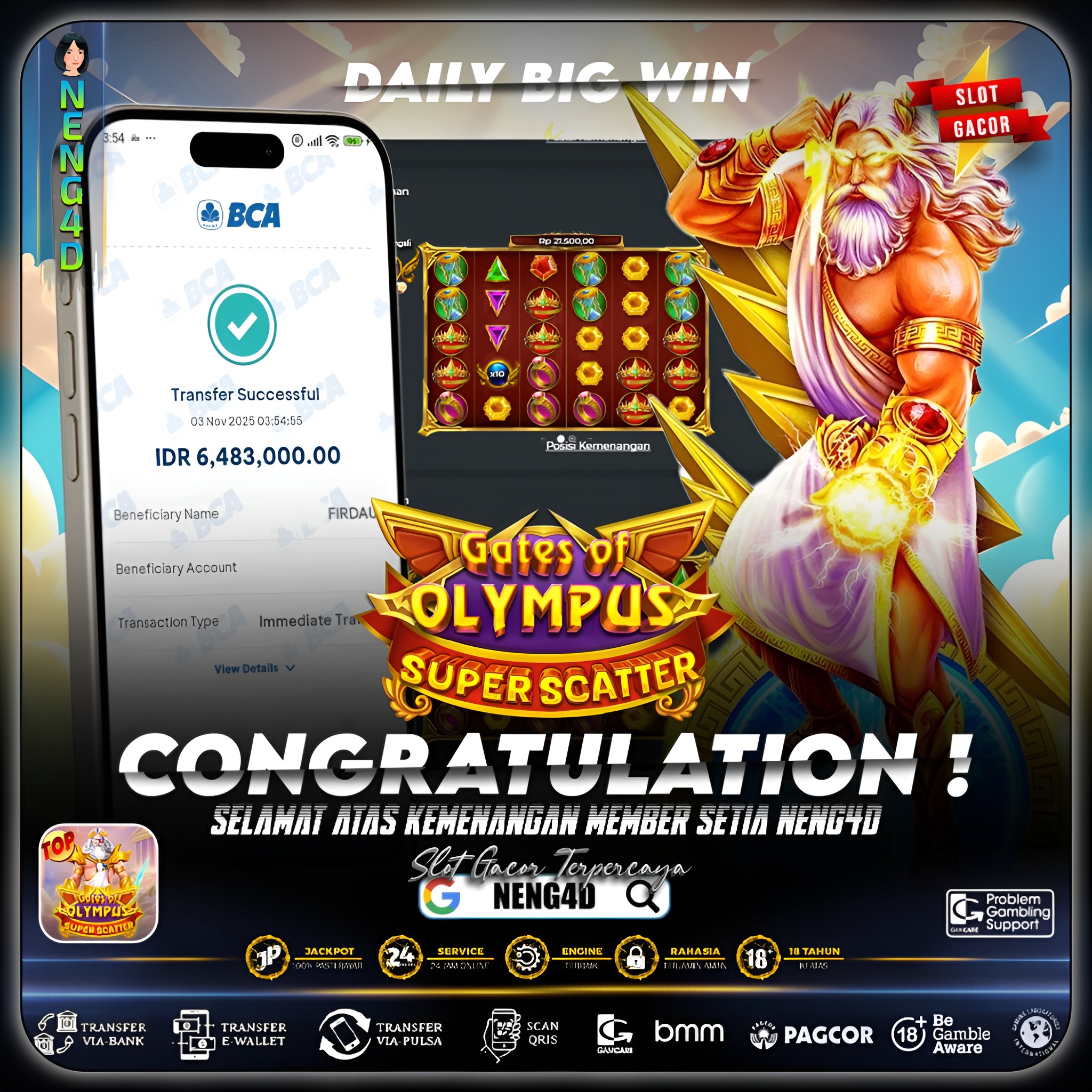 MEMBER SETIA NENG4D MENANG 6 JUTA DI GATES OF OLYMPUS SUPER SCATTER PRAGMATIC PLAY
