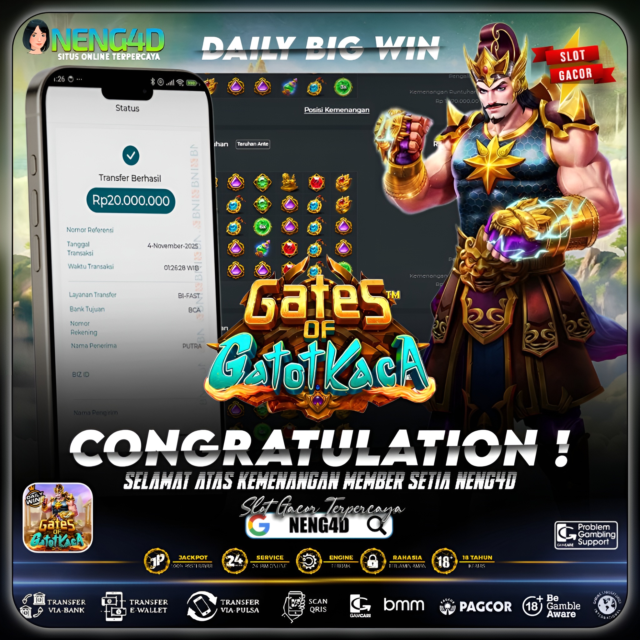MEMBER SETIA NENG4D MENANG 20 JUTA DI GATES OF GATOT KACA PRAGMATIC PLAY
