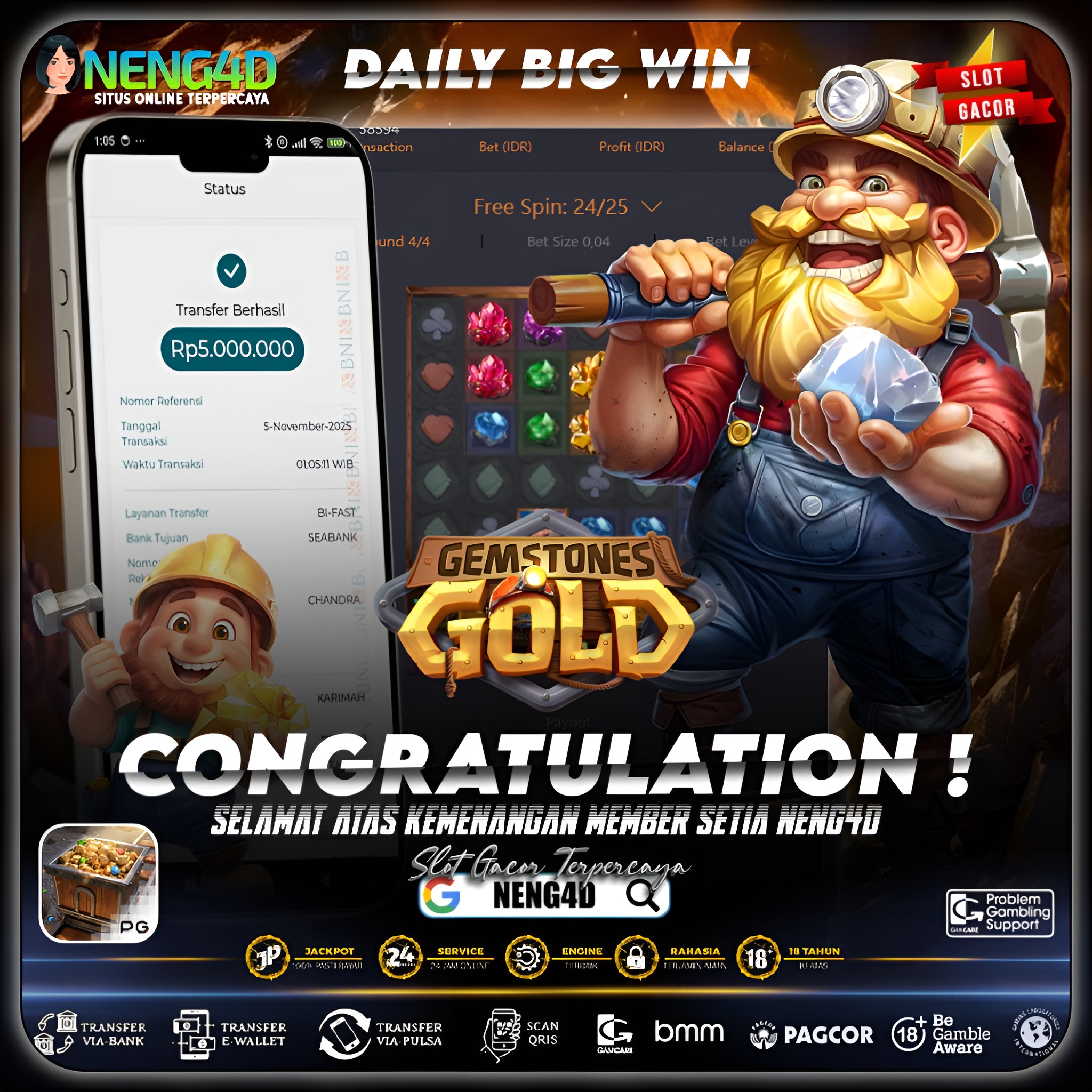 MEMBER SETIA NENG4D MENANG 5 JUTA DI GEMSTONES GOLD PG SOFT