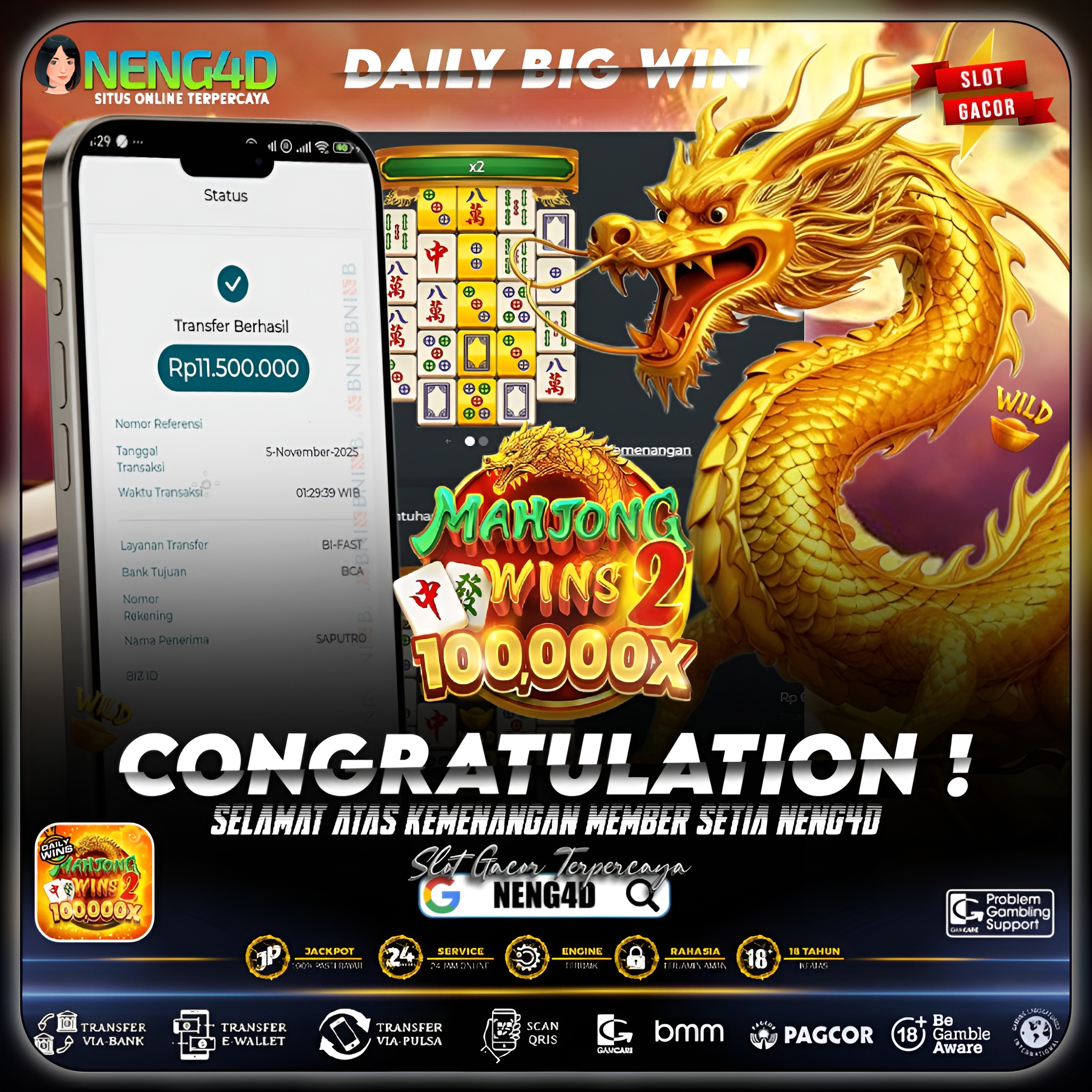 MEMBER SETIA NENG4D MENANG 11 JUTA DI MAHJONG WINS 2 PRAGMATIC PLAY