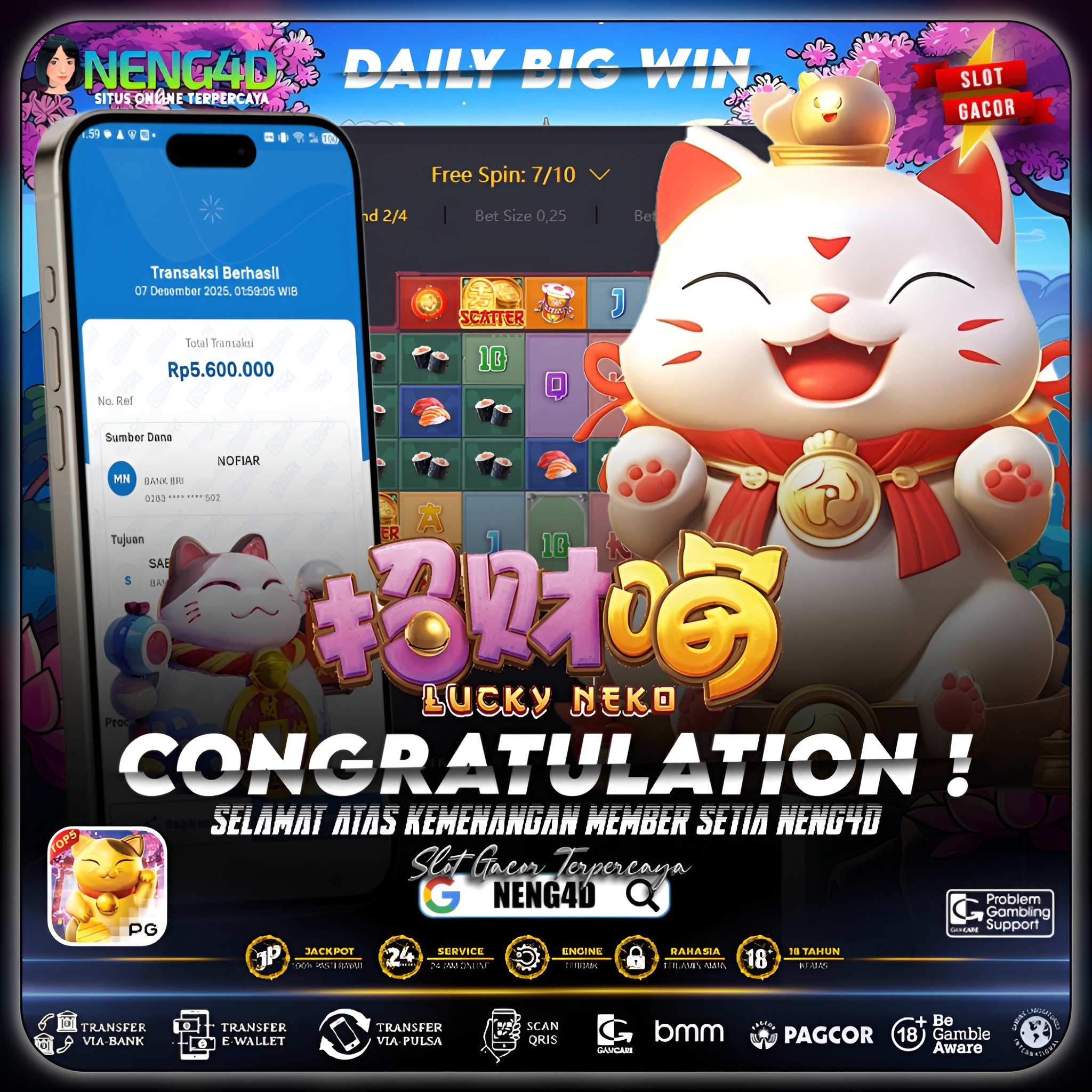 KEMENANGAN 5 JUTA MEMBER NENG4D DI LUCKY NEKO PG SOFT