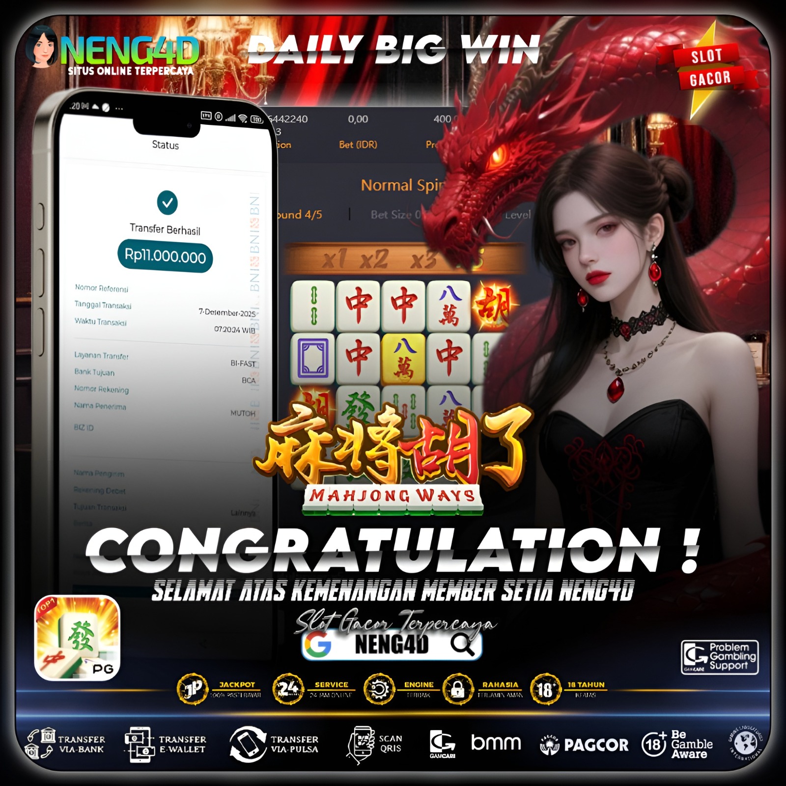 Member Setia NENG4D Menang 11 Juta di Mahjong Ways PG Soft