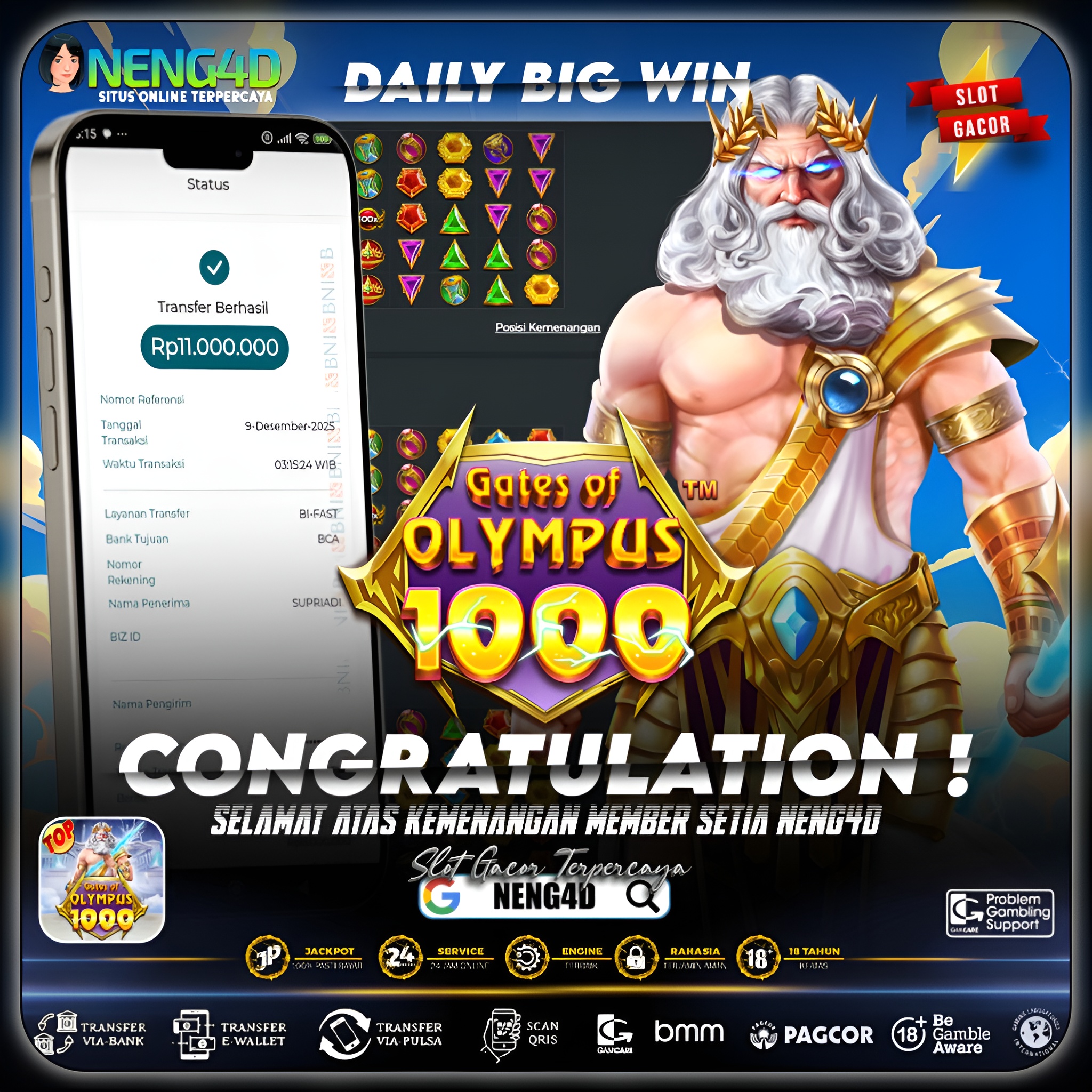 MEMBER SETIA NENG4D RAIH 11 JUTA DI GATES OF OLYMPUS 1000 PRAGMATIC PLAY