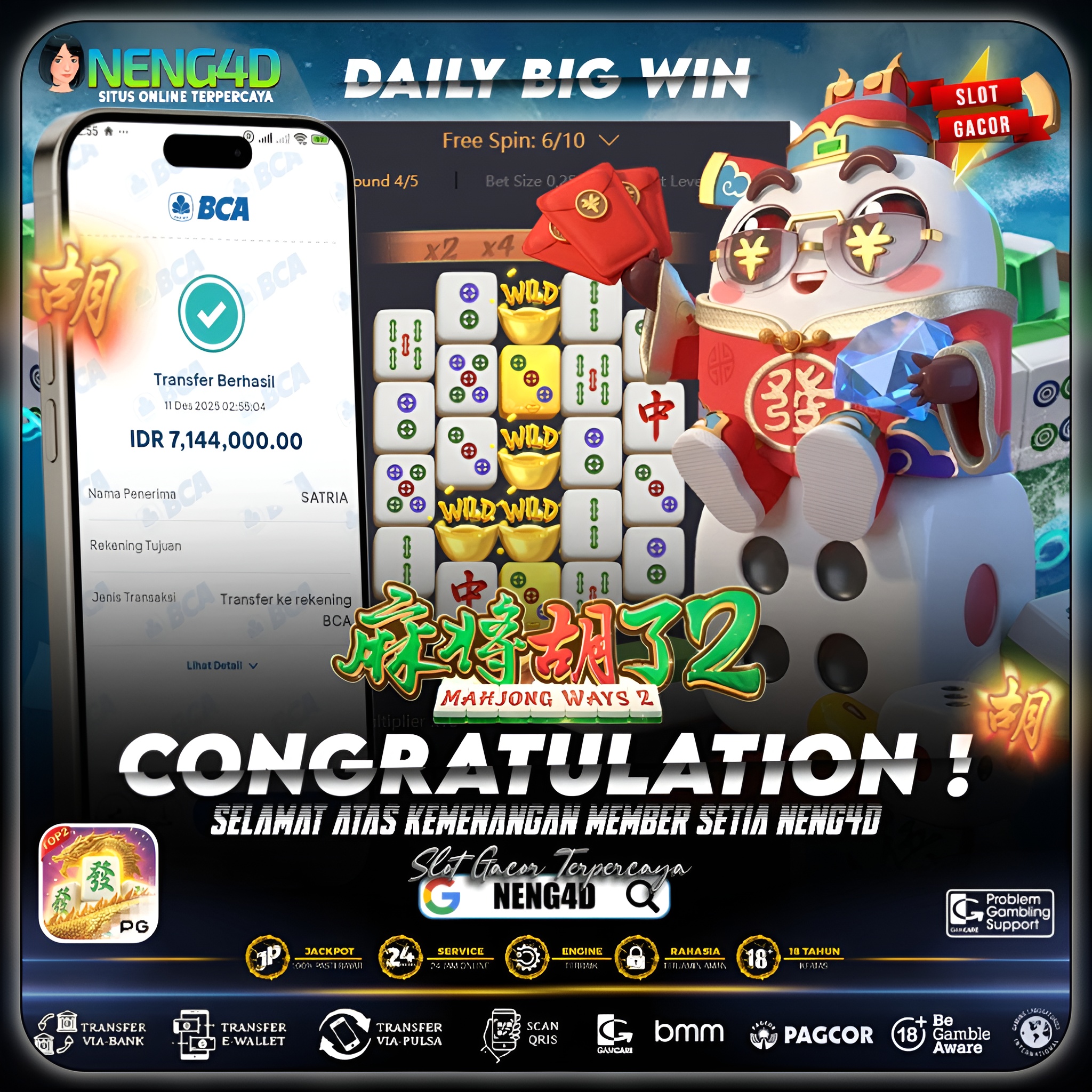 MEMBER SETIA NENG4D MENANG 7 JUTA DI MAHJONG WAYS 2 PG SOFT