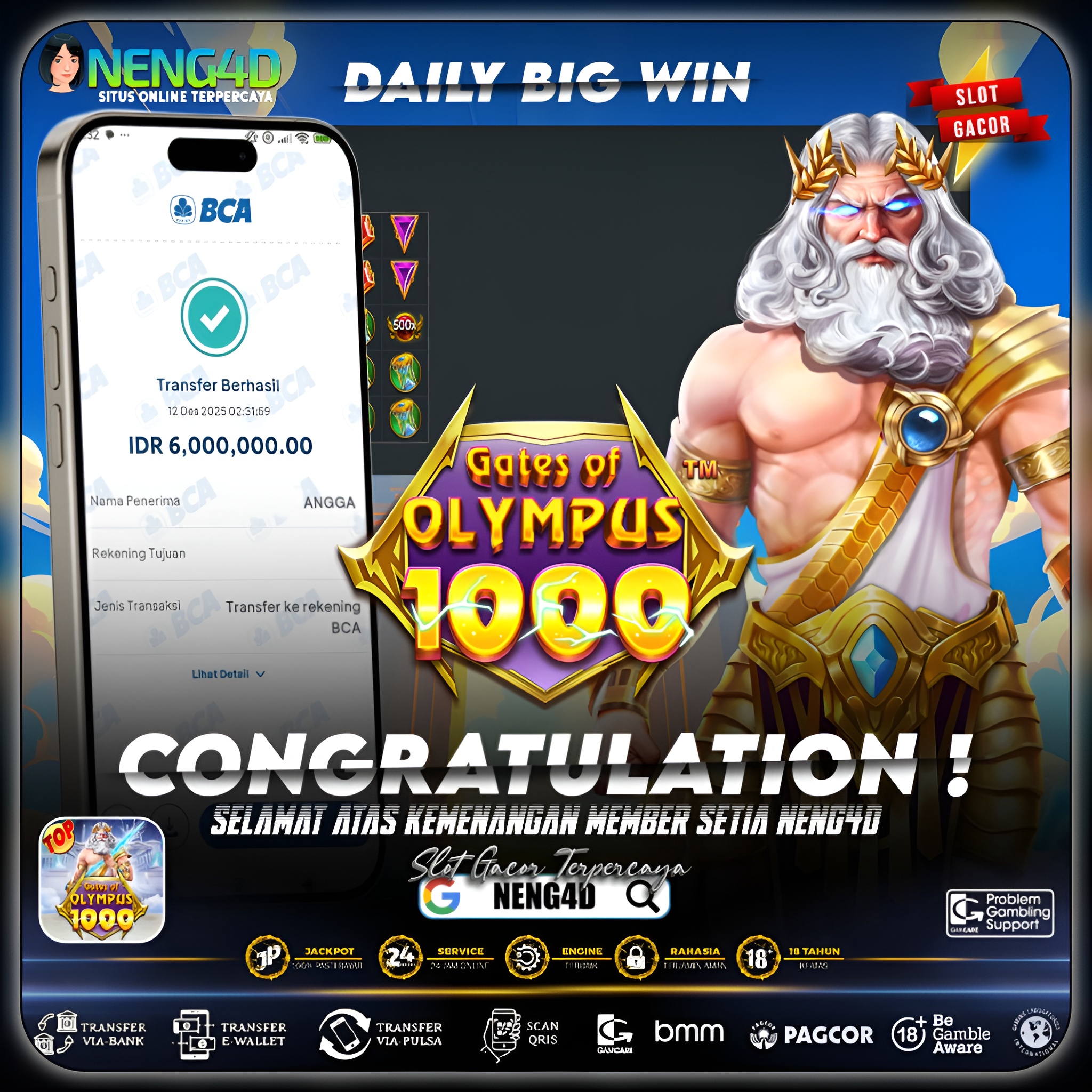MEMBER SETIA NENG4D MENANG 6 JUTA DI GATES OF OLYMPUS 1000 PRAGMATIC PLAY