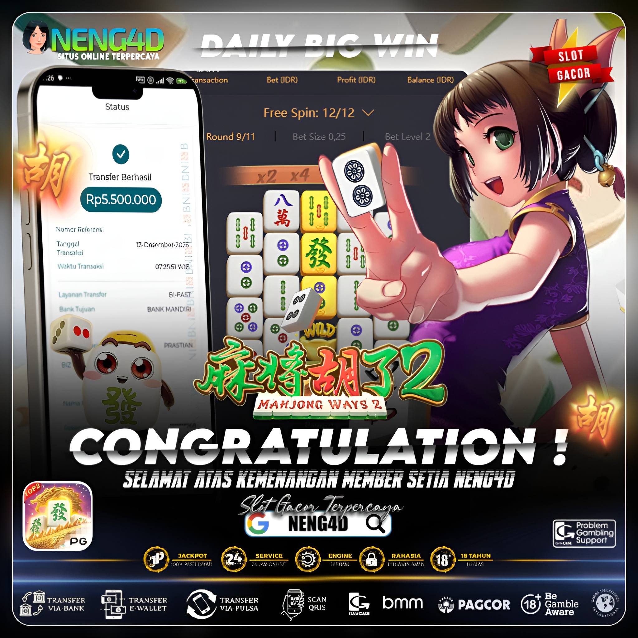 WOW! MEMBER NENG4D GONDOL 5 JUTA DI MAHJONG WAYS PG SOFT!