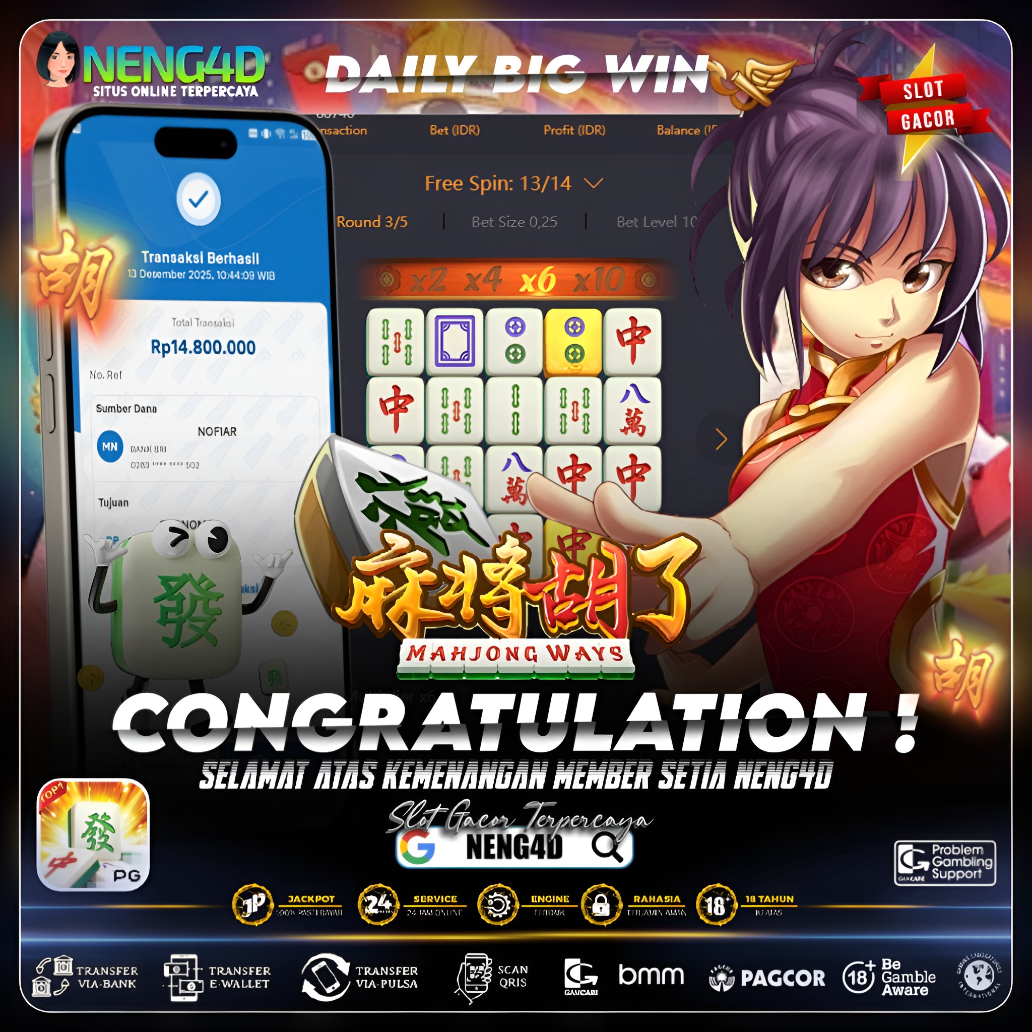 LUAR BIASA! MEMBER SETIA NENG4D MENANG 14 JUTA DI MAHJONG WAYS PGSOFT