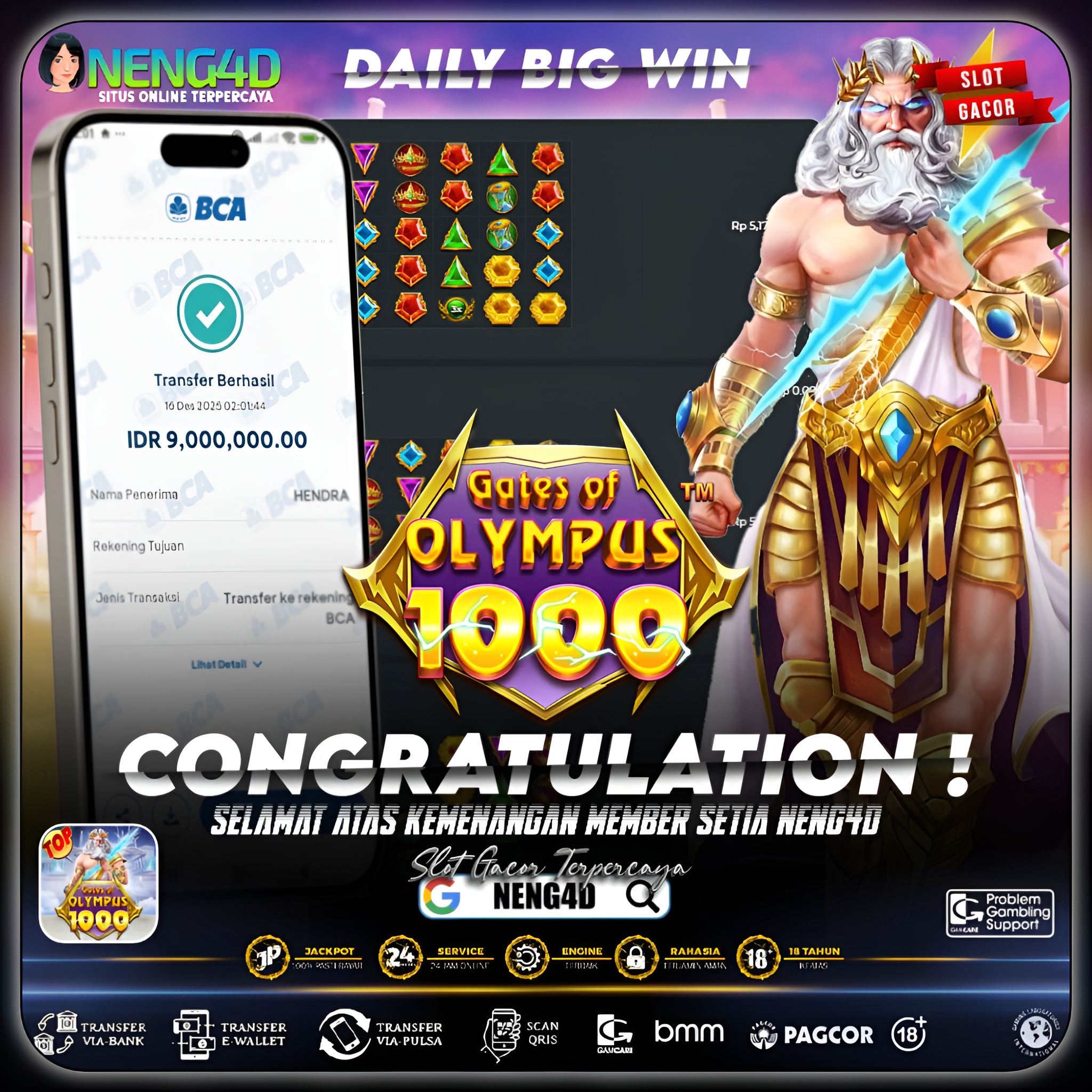 KEMENANGAN 9 JUTA DI GATES OF OLYMPUS 1000 PRAGMATIC PLAY