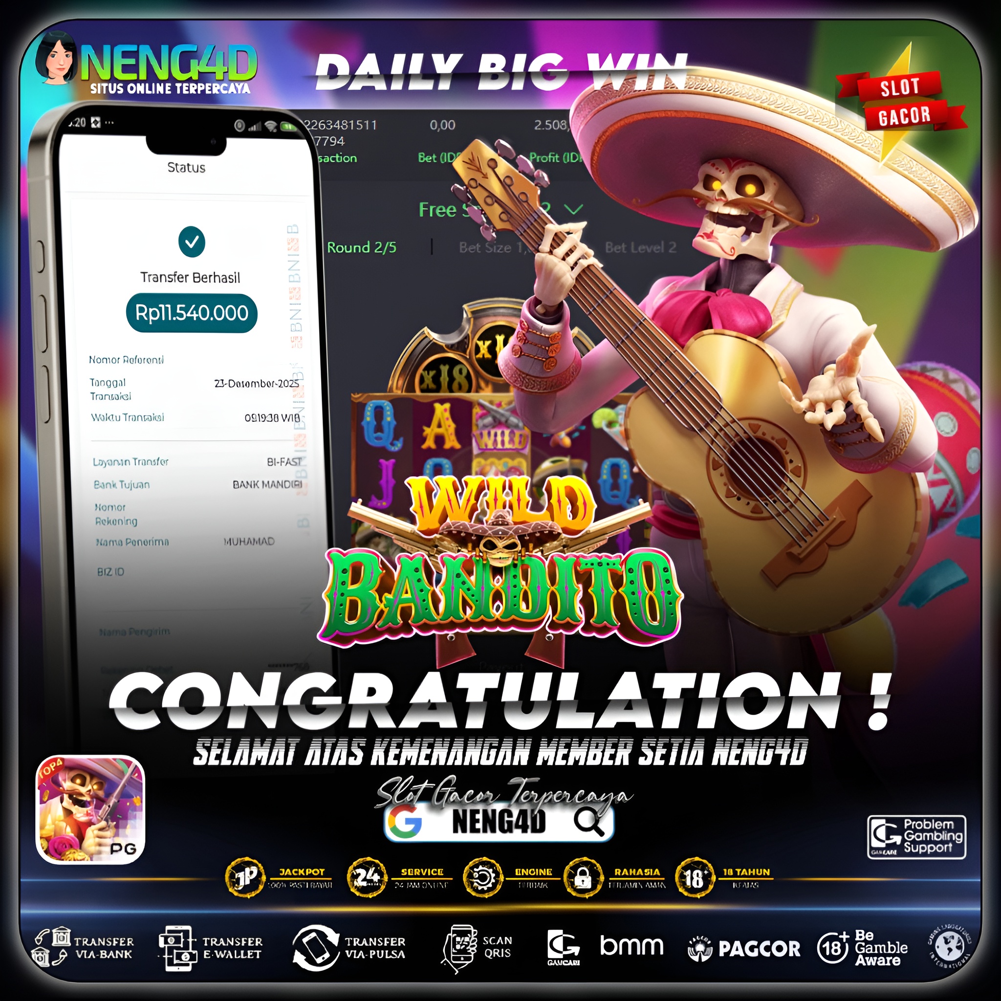 AKSI BANDITO MENGGANAS, MENANG 11 JUTA DI WILD BANDITO PG SOFT