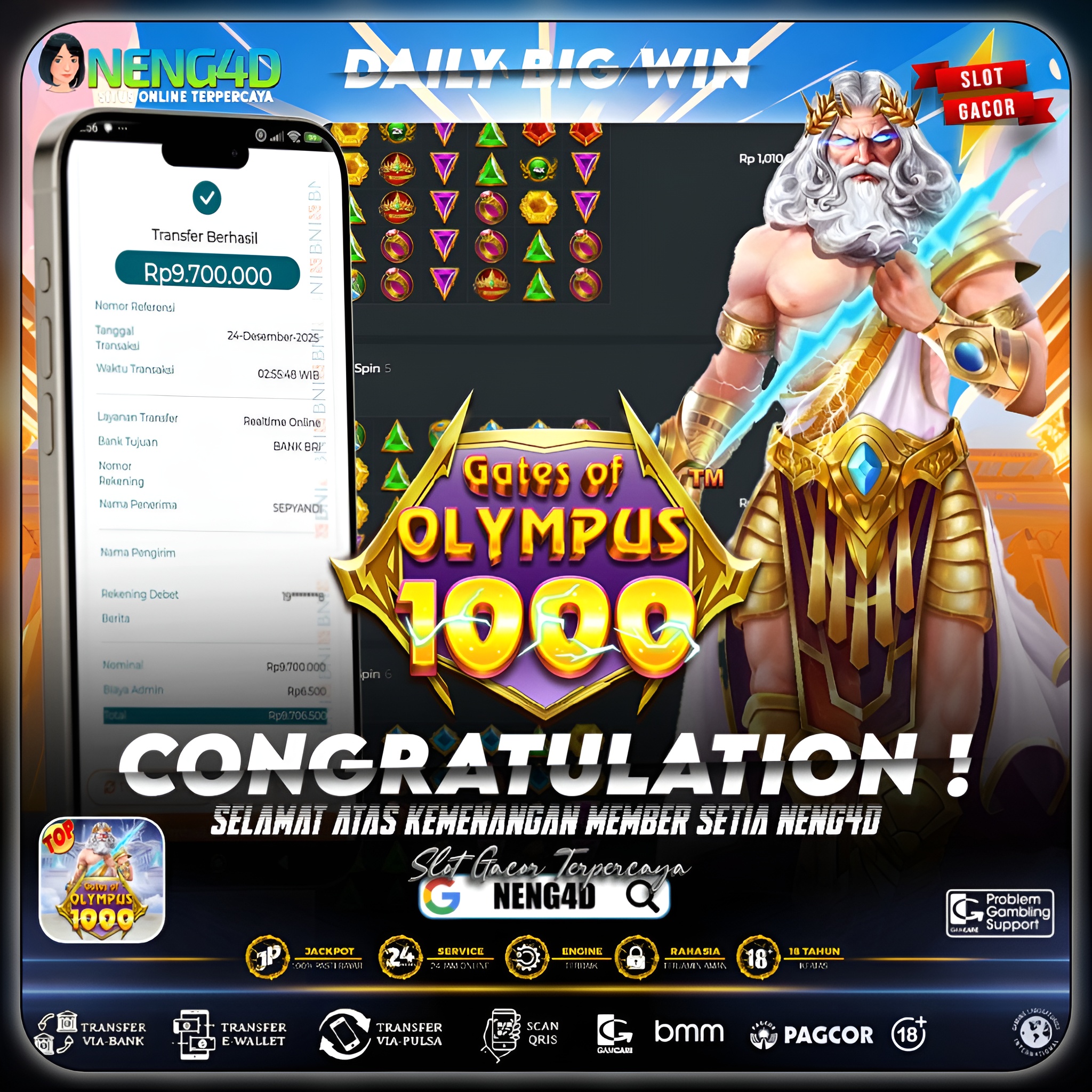 PETIR ZEUS TURUN, MENANG 9 JUTA DI GATES OF OLYMPUS 1000