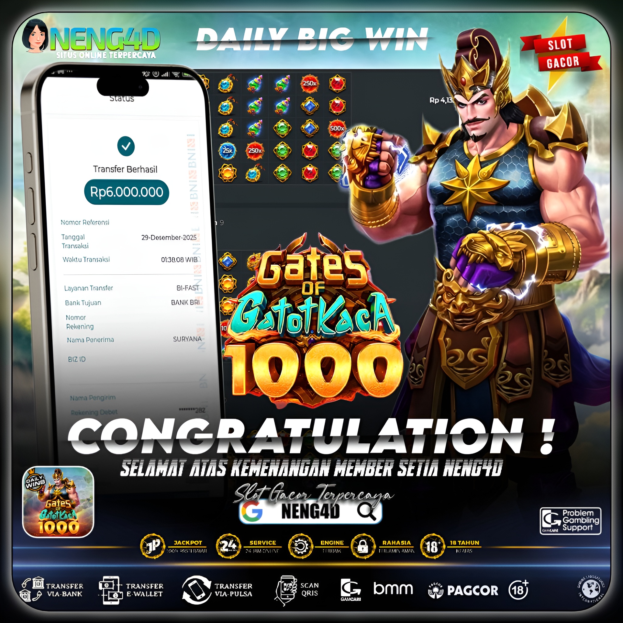 KEKUATAN GATOT KACA MELEDAK, MENANG 8 JUTA DI GATES OF GATOT KACA 1000 PRAGMATIC PLAY