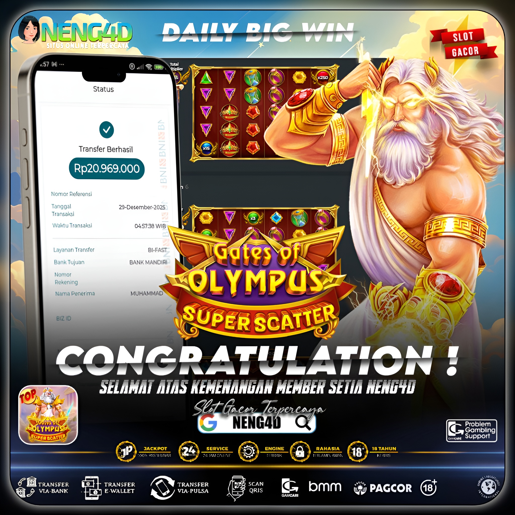 SUPER SCATTER TURUN BERUNTUN, MENANG 20 JUTA DI GATES OF OLYMPUS PRAGMATIC PLAY
