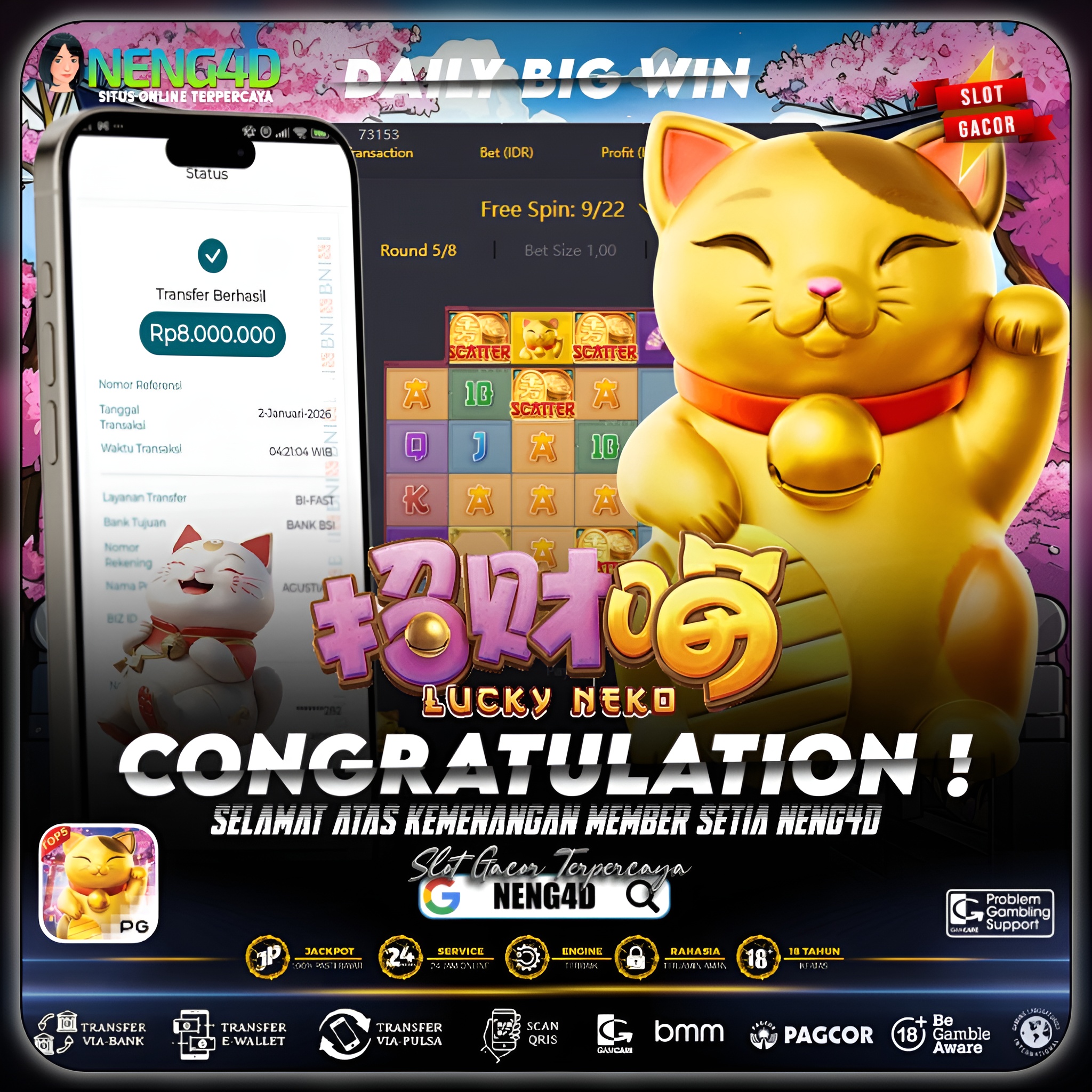 HOKI NEKO KEMBALI DATANG, KEMENANGAN 8 JUTA DI LUCKY NEKO PG SOFT