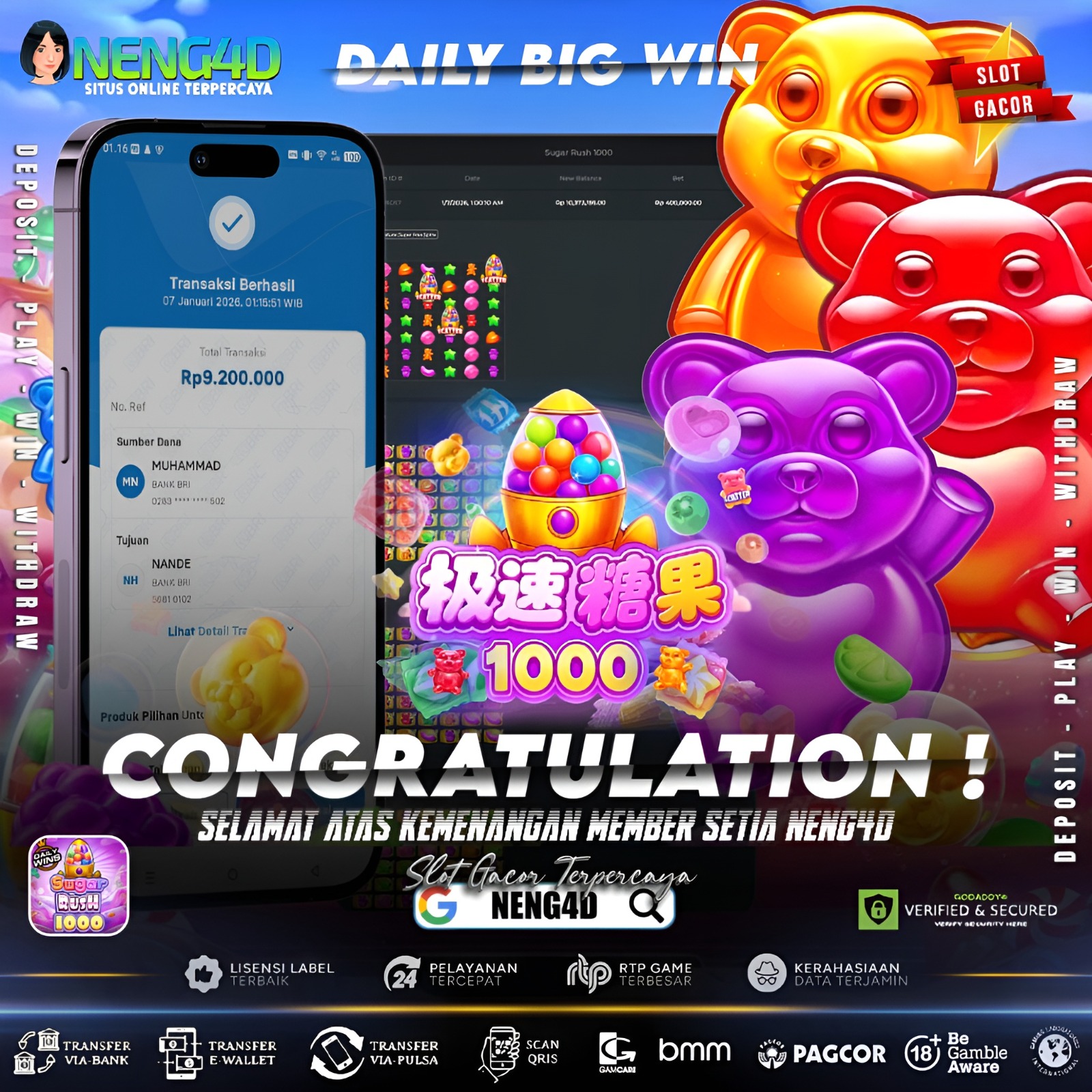 Kemenangan manis 9 Juta bermain Sugar Rush 1000 dari provider Pragmatic Play