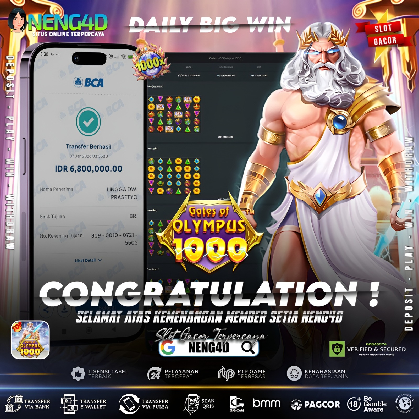 Kemenangan 6,5 juta bermain di Gates Of Olympus 1000 dari Provider Pragmatic Play