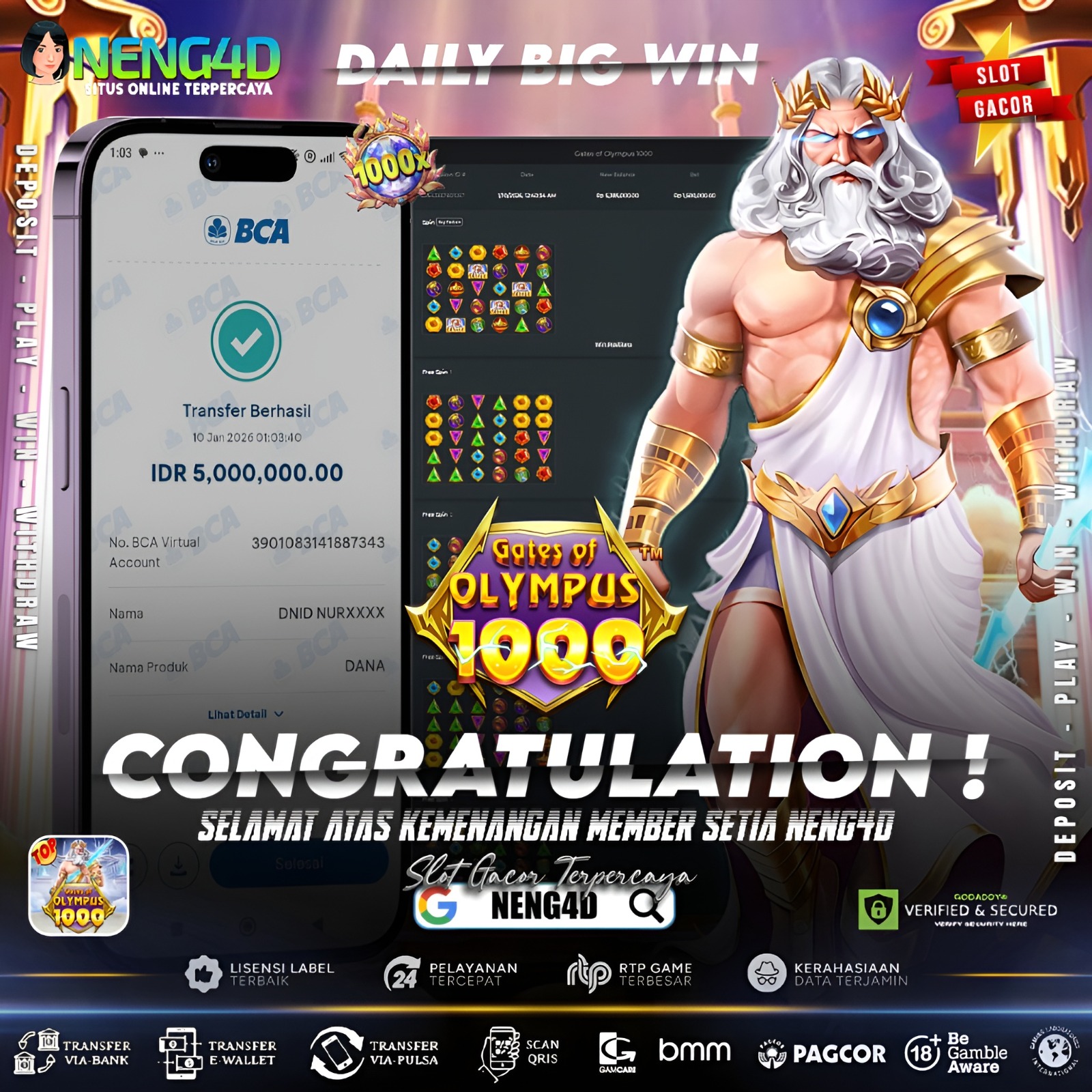 Cuan 5 juta bermain di Gates Of Olympus 1000 Provider Pragmatic Play