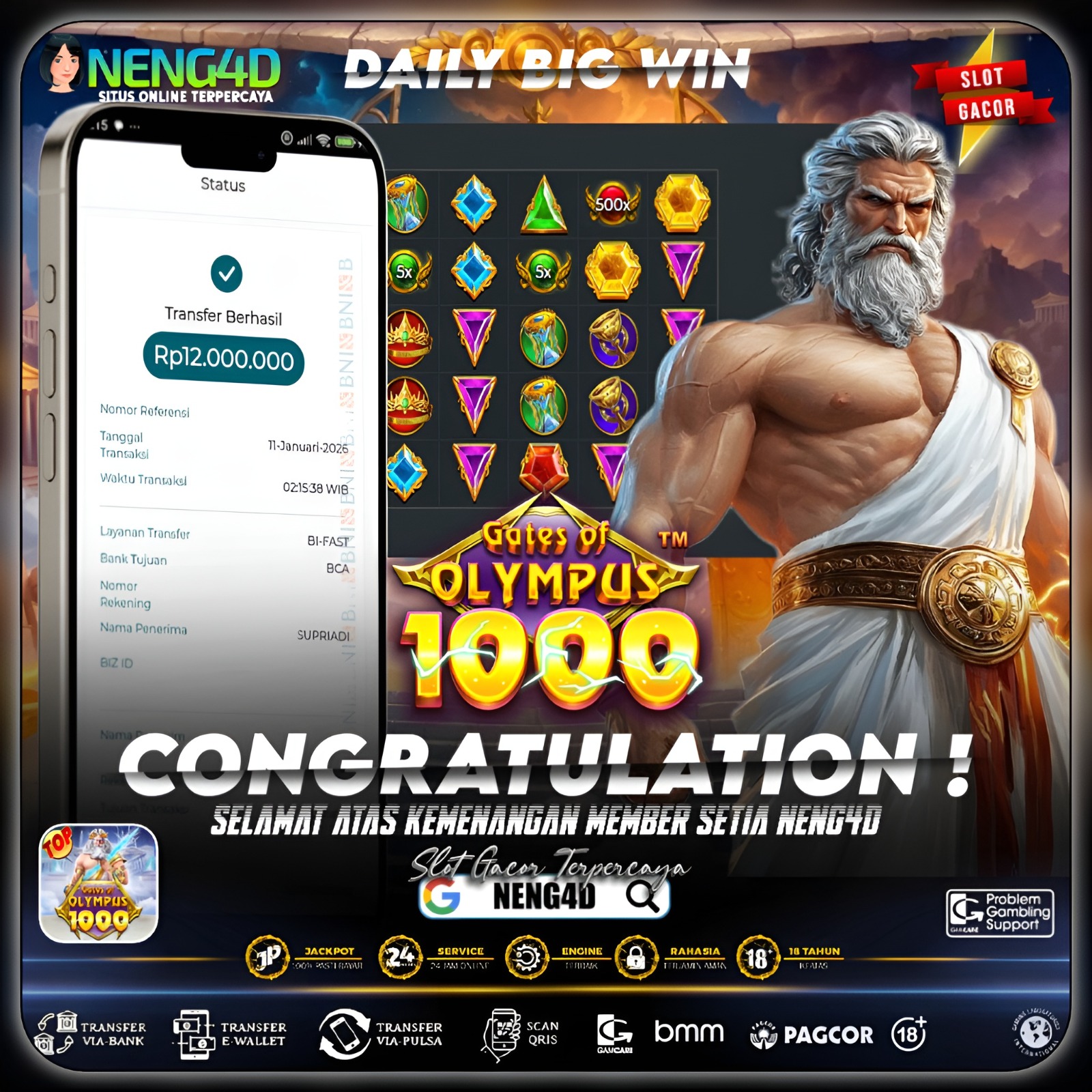 Untung Besar 12 juta Menang di Gates Of Olympus 1000 Provider Pragmatic Play