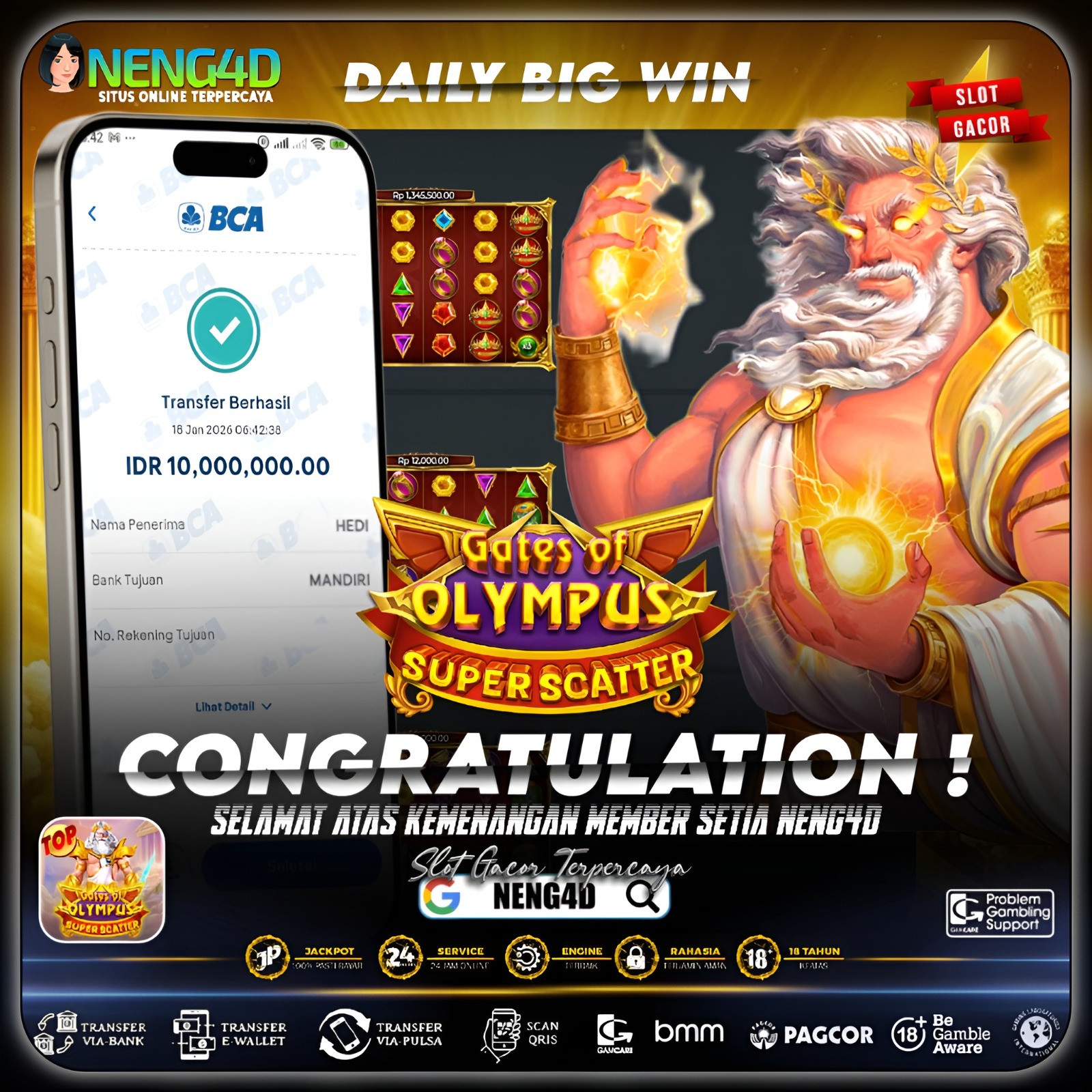 Kemenangan Solid 10 juta di Gates Of Olympus Super Scatter Provider Pragmatic Play