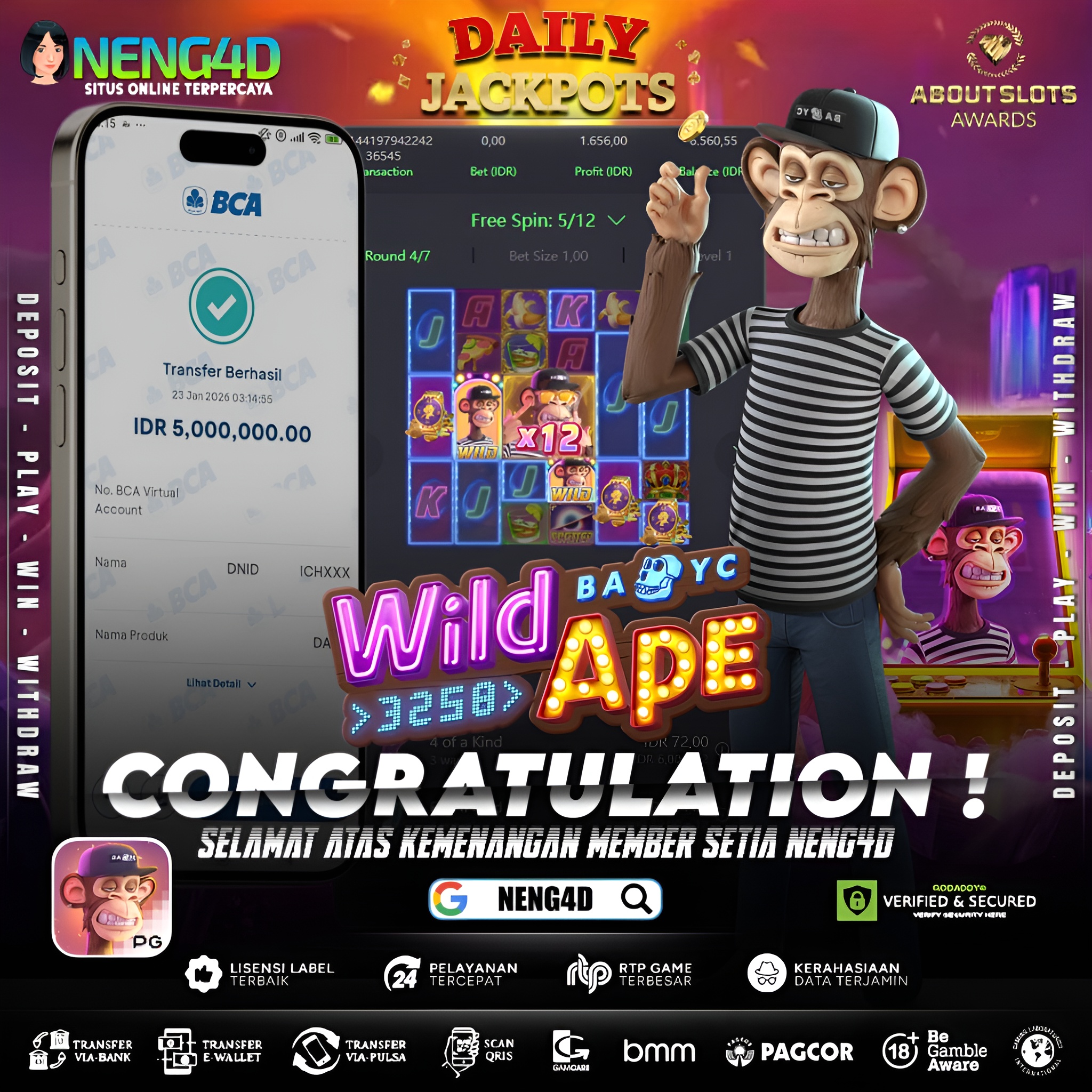 MENANG 5JT MAIN DI WILD APE #3258 PG SOFT