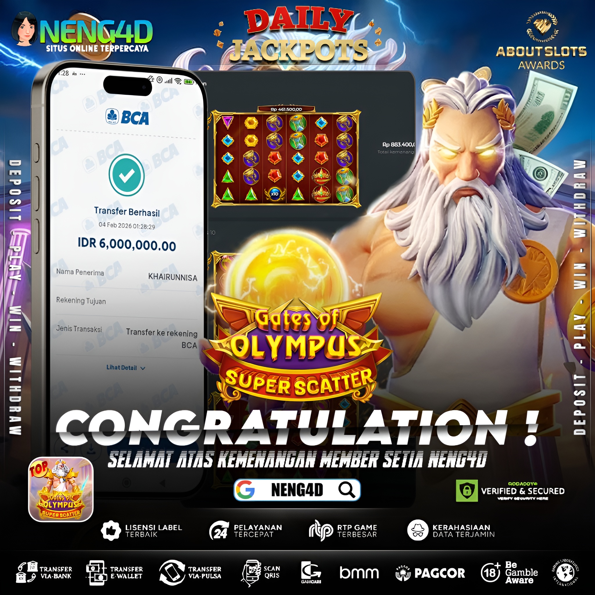 MEMBER SETIA NENG4D BERHASIL RAIH 6 JUTA DI GATES OF OLYMPUS SUPER SCATTER PRAGMATIC PLAY