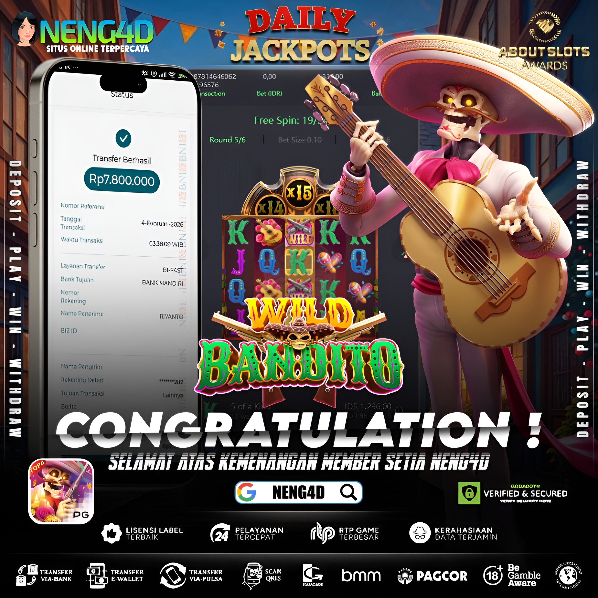 MEMBER SETIA NENG4D RAIH KEMENANGAN 7 JUTA DI WILD BANDITO PG SOFT