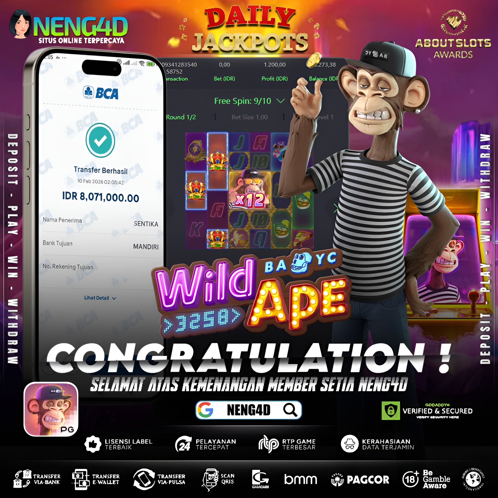 MENANG 8JT MAIN DI WILD APE #3258 PG SOFT