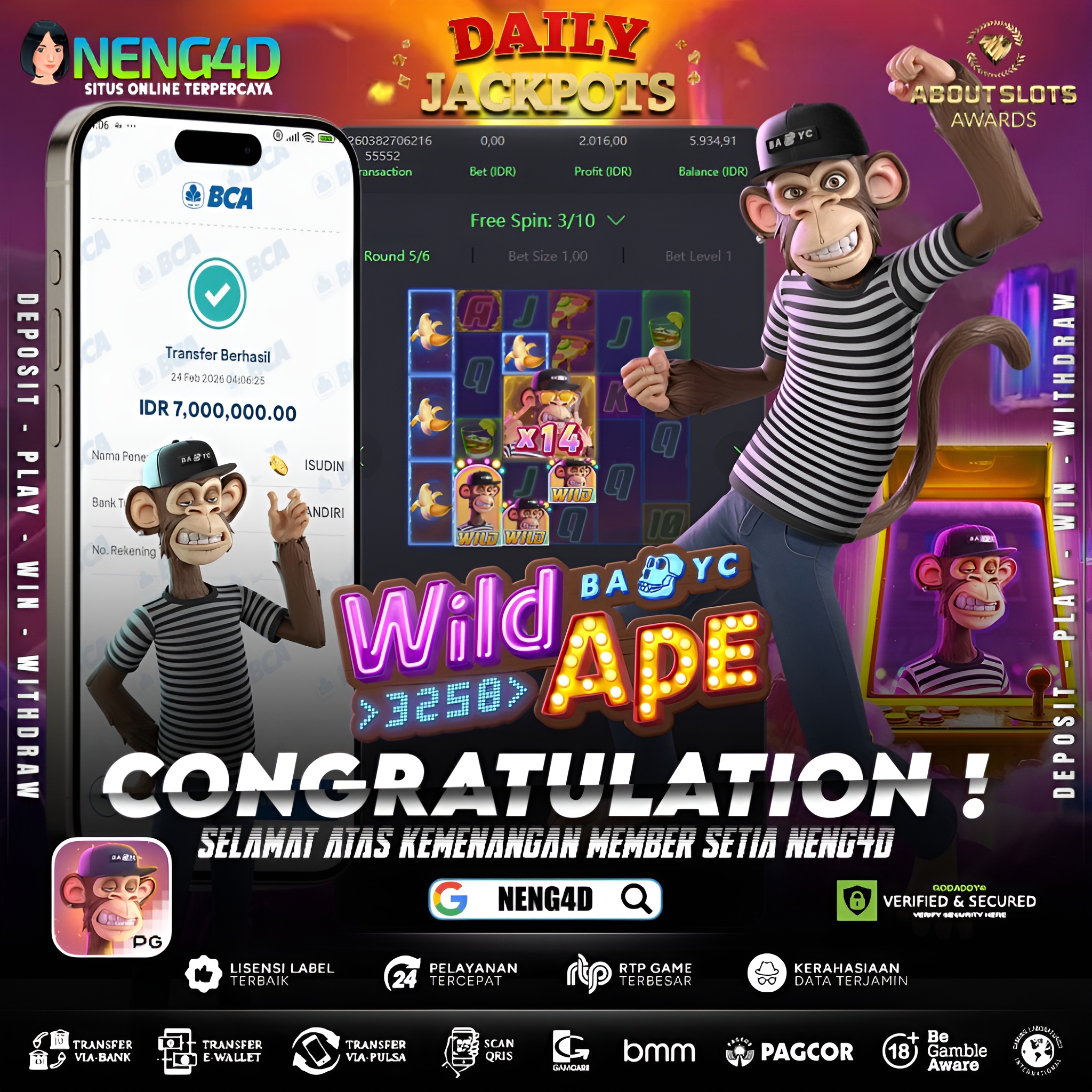 MENANG 7JT MAIN DI WILD APE #3258 PG SOFT
