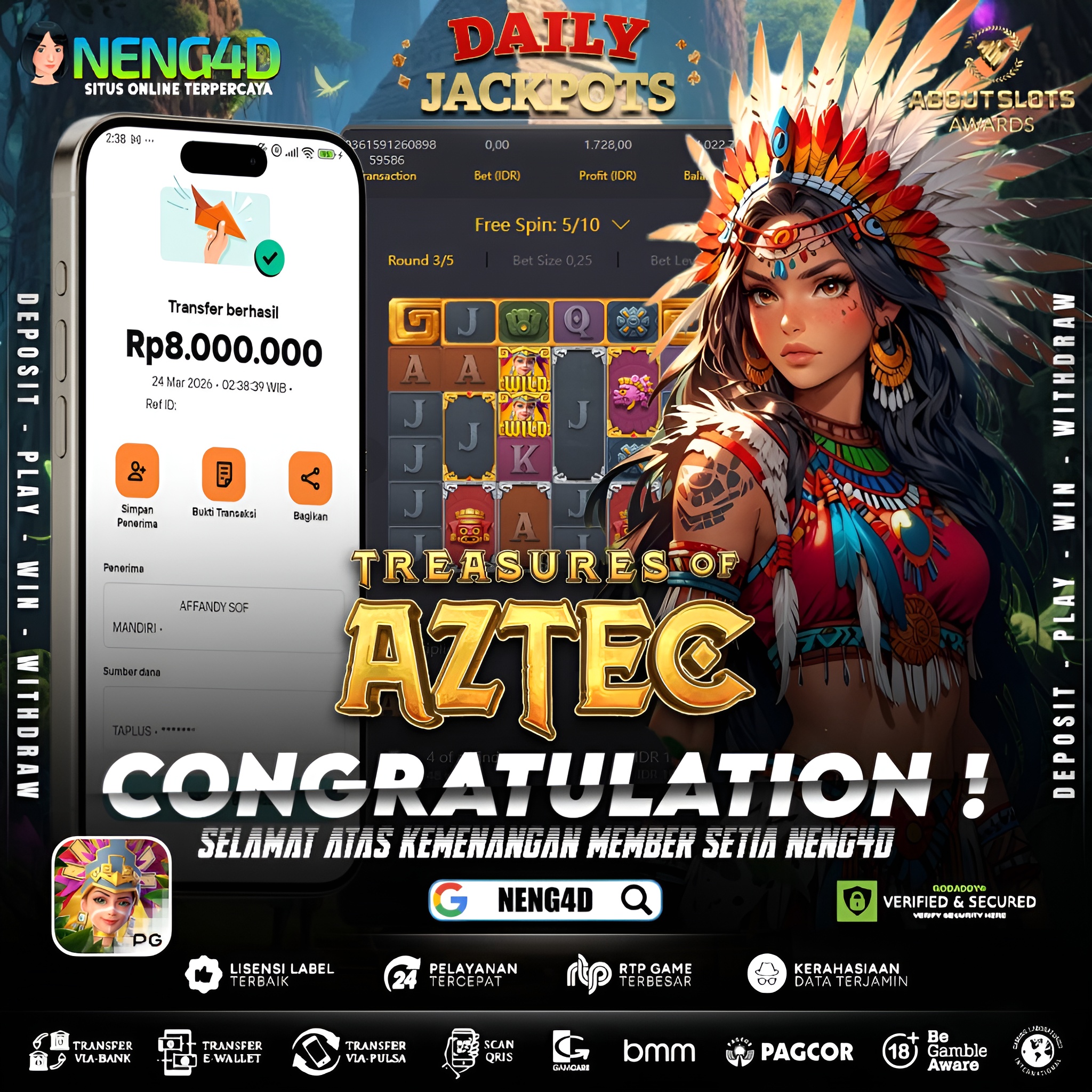KEMENANGAN 8 JUTA DI TREASURES OF AZTEC