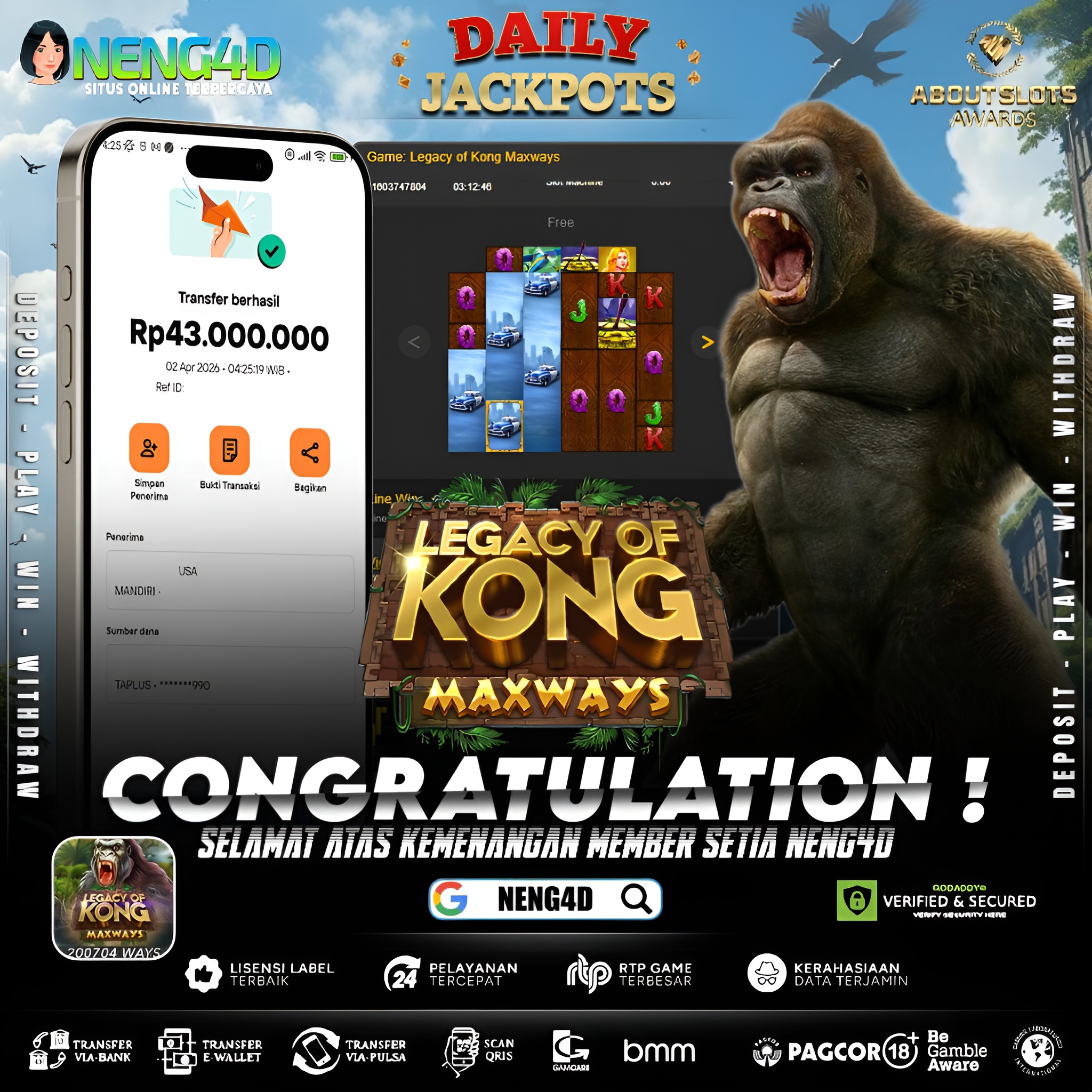 KEMENANGAN 43 JUTA DI LEGACY OF KONG MAXWAYS