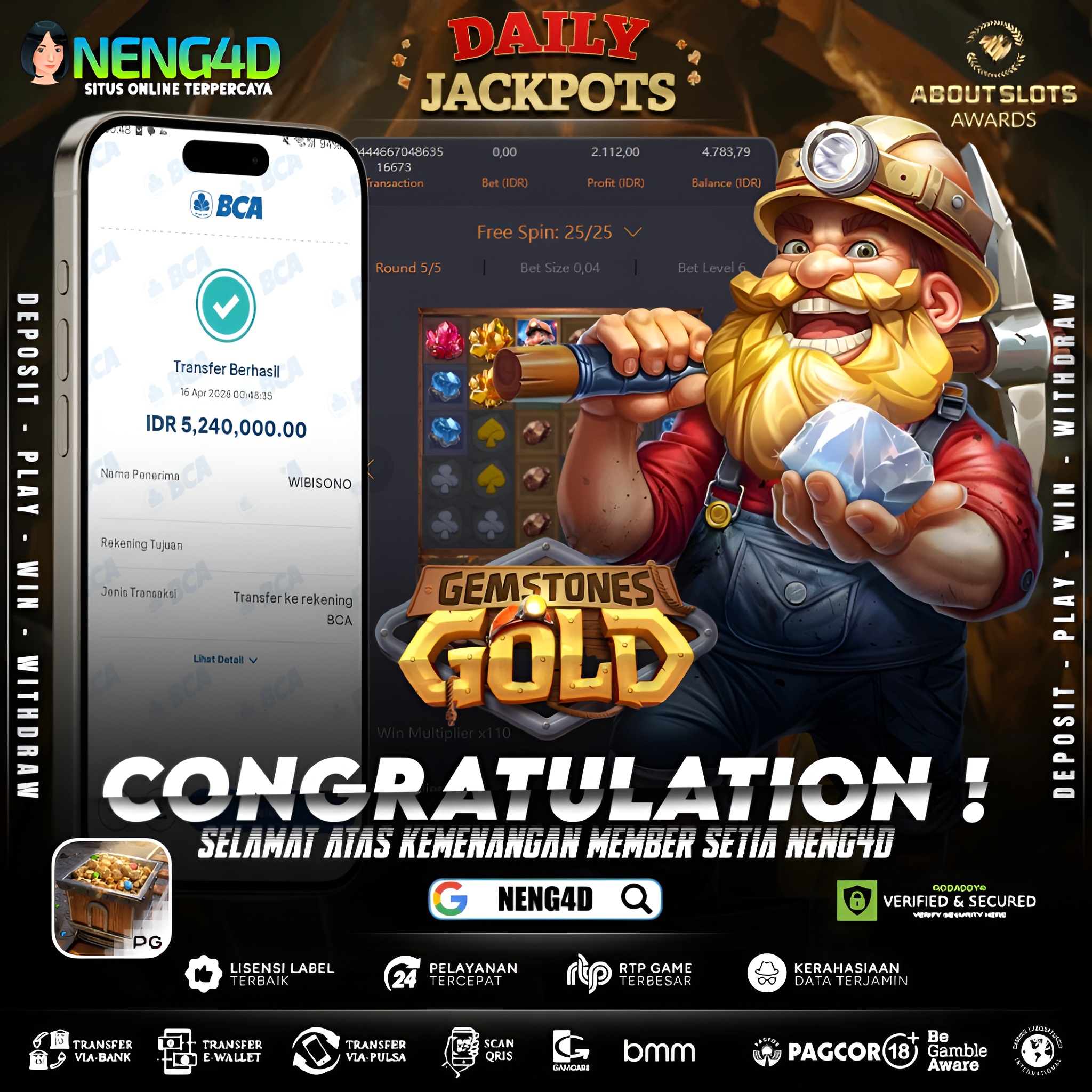 KEMENANGAN 5 JUTA DI GEMSTONES GOLD