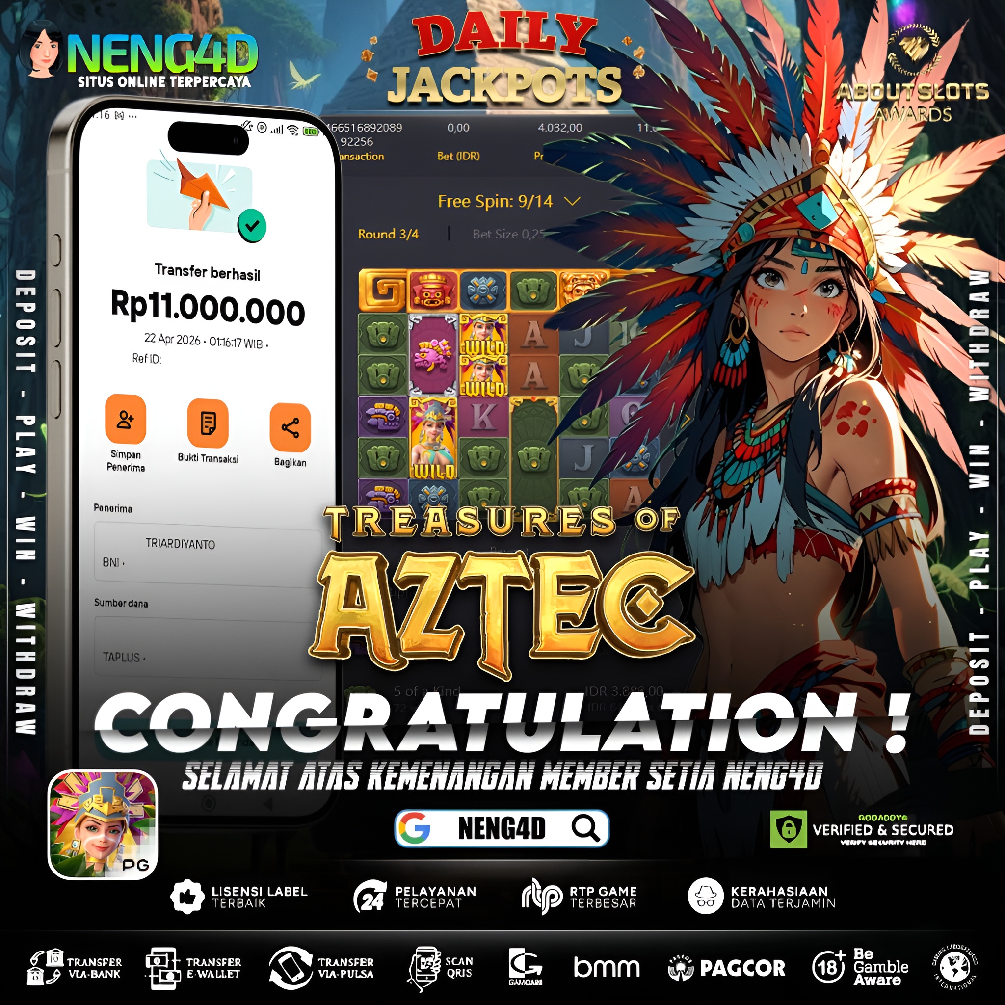 KEMENANGAN 11 JUTA DI TREASURES OF AZTEC