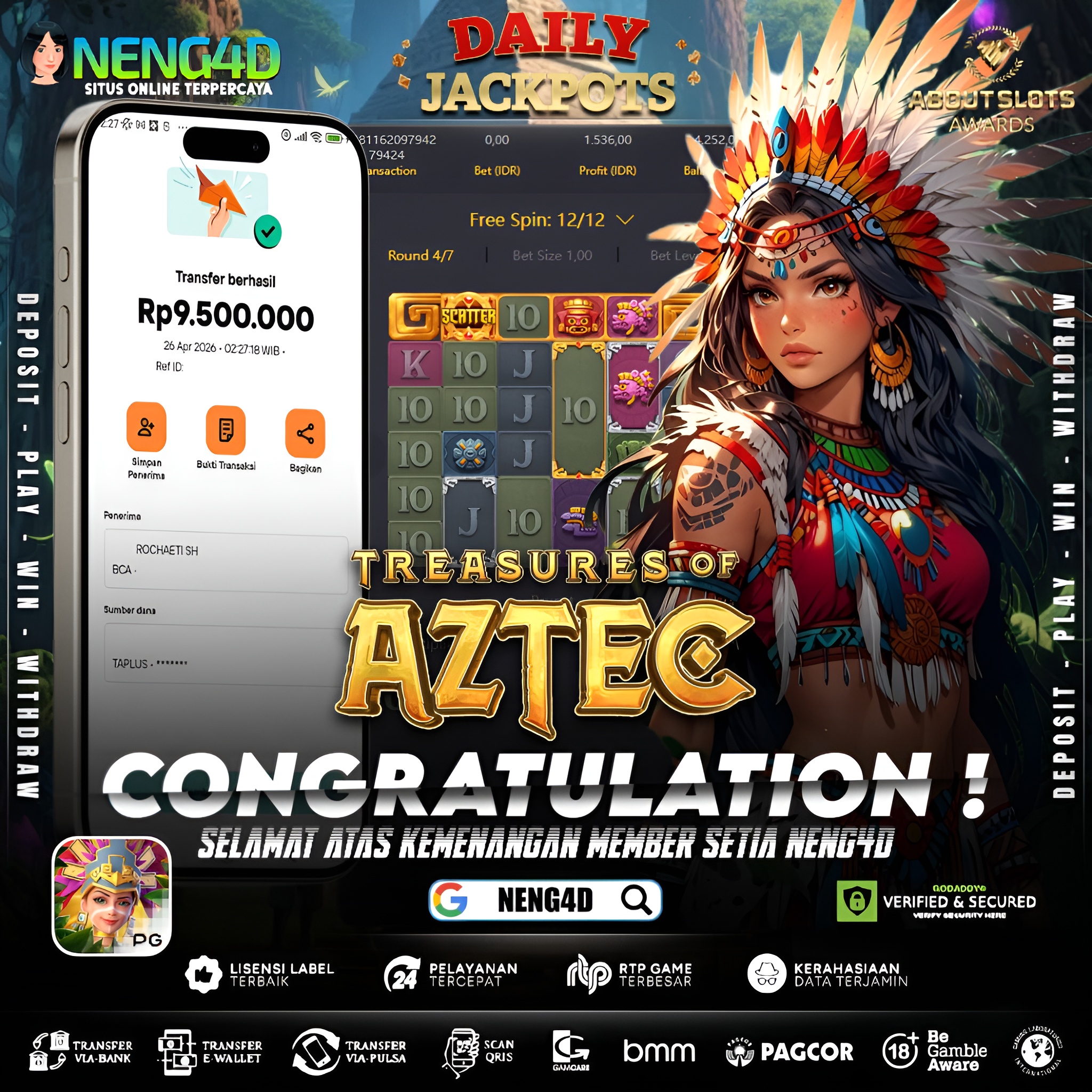 KEMENANGAN 9 JUTA DI TREASURES OF AZTEC